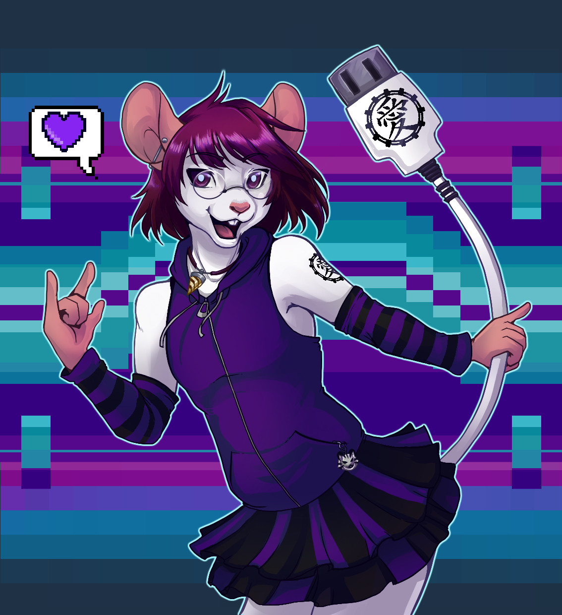 Art of an anthro mouse with purple hair, silver industrials in his ears, in a purple sleeveless hoodie, and purple/black striped skirt and arm warmers. The mous has a USB cord tail, a gear with the kanji "Love" tattood on the USB plug and his left bicep. He has a speech bubble with a purple heart in it.