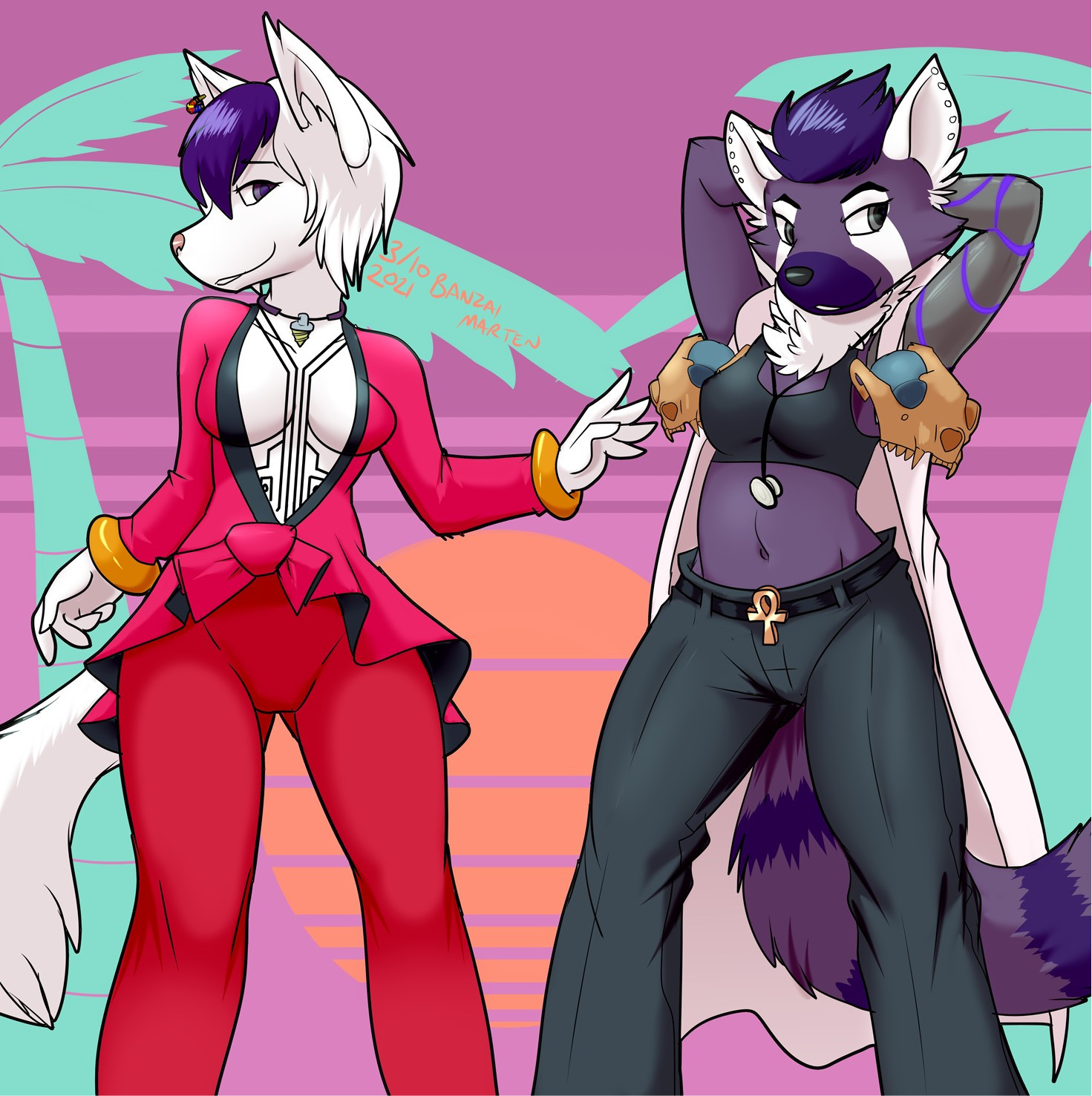 Pic is of two anthros. 

The left anthro is a wolf-ferret hybrid, dressed like Crimson Acid from the Paradise Killer video game (bright reddish pink open long sleeve shirt with gold bracelets, and red pants). She has white fur and hair with purple bangs, a necklace with a drill hanging off it, and tattoos crossing over the center of her chest.

The right anthro is a Maned Wolf + Red Panda hybrid, dressed as Doctor Doom Jazz from Paradise Killer (long white open lab coat, black pants with an ankh belt buckle, ferret skull pauldrons, a black tanktop, and a stethescope). She has purple fur with darker purple bands on her tail, white ears, and dark purple hair and muzzle tip. She also has white eye markings like a red panda.

The background is a synth wave of palm trees and a striped background sky and sun.