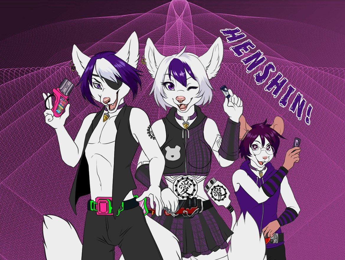 Art of three anthros: two half wolf, half ferrets(wolfrets), and one mouse. 

The left most wolfret has purple hair with white bangs, an eyepatch, and is wearing a black sleeveless vest and pants. He is holding a pink device with a clear adapter at the end and wearing a pink and neon green belt around his waist (Gamer Driver from Kamen Rider Ex-Aid)

The middle Wolfret has white hair with purple bangs, is wearing a sleeveless cropped top hoodie with the outline of a ferret head on one side of her chest, and a black and purple crosshatch design on the other. She is wearing black and purple striped arm warmers and skirt. She is holding a small battery shaped cylinder, and wearing a black and red belt with a handle on it (Build Driver from Kamen Rider Build).

The mouse on the right has purple hair, metal industrials in his ears, and glasses. He's wearing a purple sleeveless hoodie, and black and purple arm warmers, and black pants. He's holding a usb stick in one hand and a black, red, and silver belt (Doubledriver from Kamen Rider W)

The background is a crosshatch design of purple and black, with the words HENSHIN above the three characters.