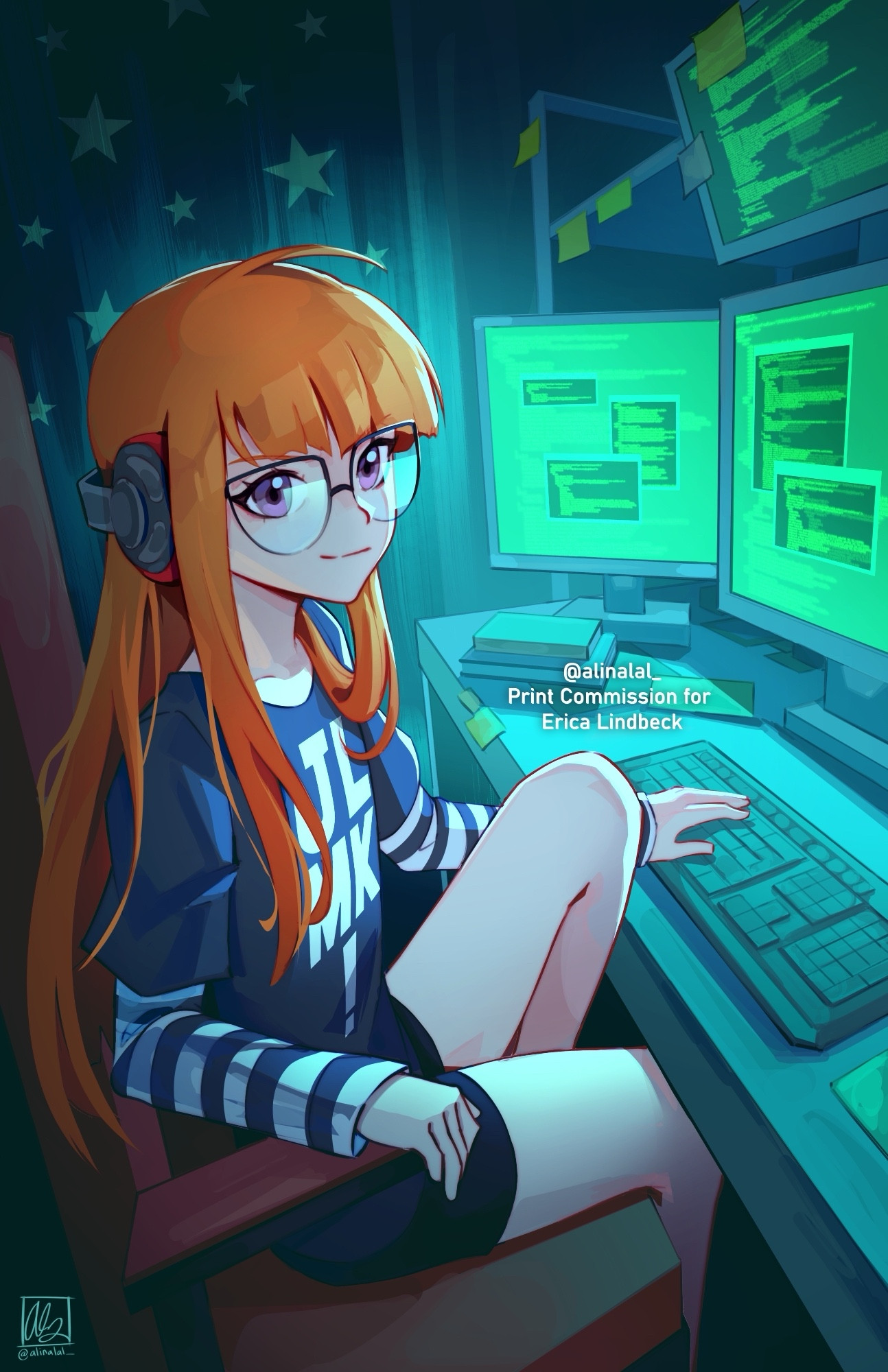 An illustration of Futaba Sakura from Persona 5 sitting at her computer desk with one hand on the keyboard. There’s a watermark in the middle that says “Print Commission for Erica Lindbeck” who is the voice actress of Futaba that commissioned the piece to be made. 