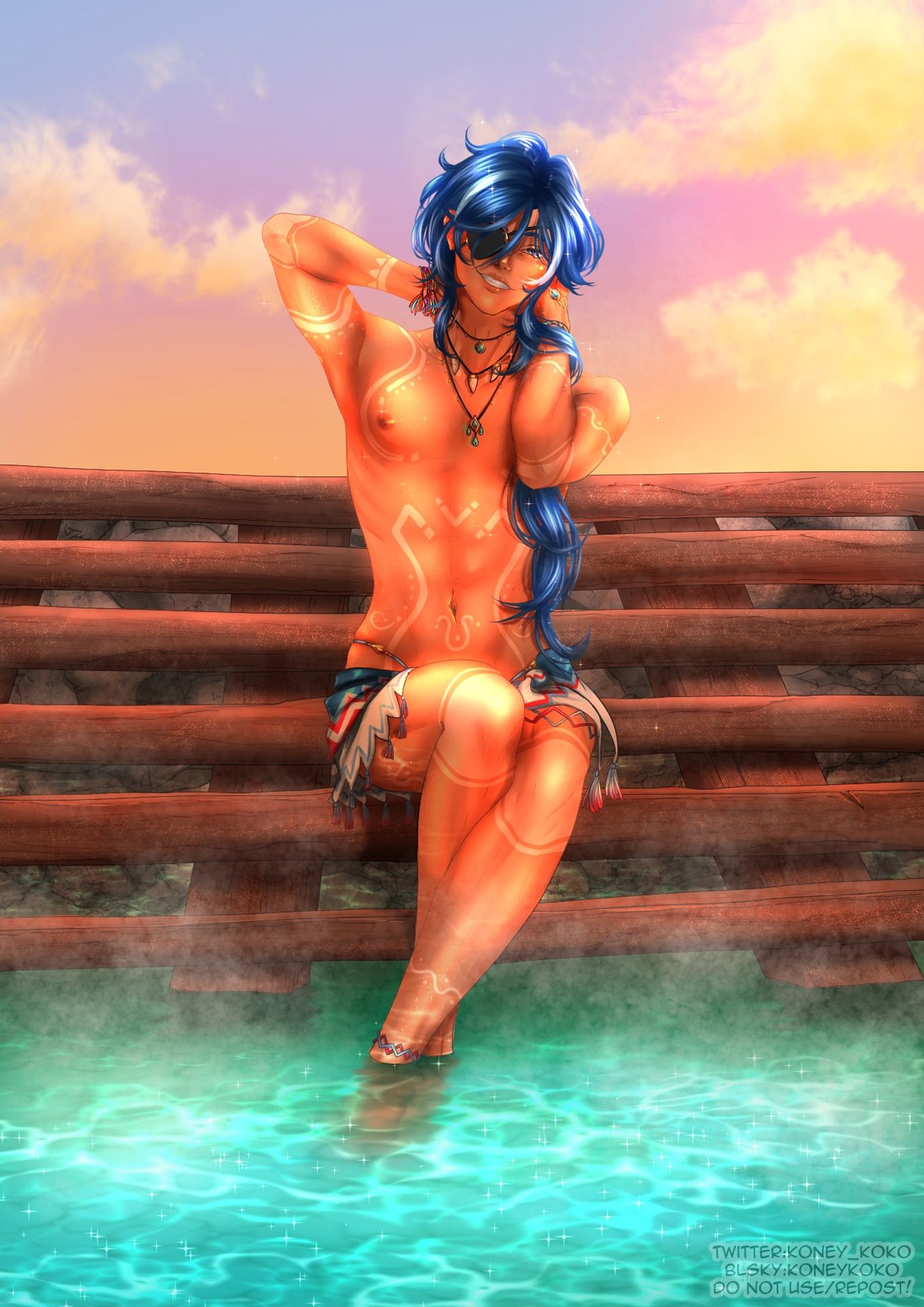 Kaeya in the Natlan hot springs, dressed in local fashion. He's freaking hot like a god wearing lust itself.