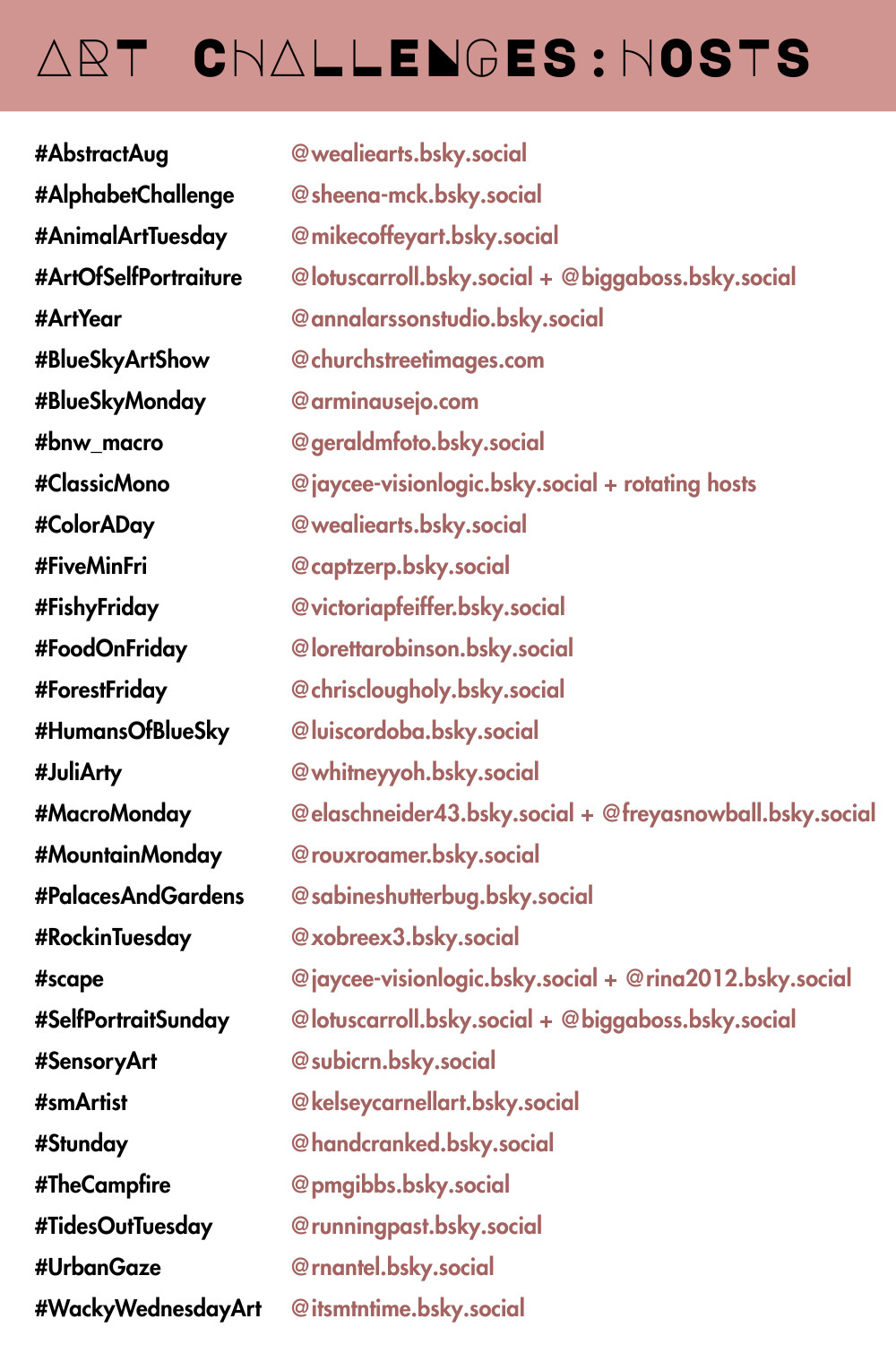Art Challenges: Hosts 
#AbstractAug: @wealiearts.bsky.social‬
#AlphabetChallenge: @sheena-mck.bsky.social
#AnimalArtTuesday: @mikecoffeyart.bsky.social
#ArtOfSelfPortraiture: @lotuscarroll.bsky.social + @biggaboss.bsky.social
#ArtYear: @annalarssonstudio.bsky.social
#BlueSkyArtShow: @churchstreetimages.com
#BlueSkyMonday: @arminausejo.com
#bnw_macro: @geraldmfoto.bsky.social‬
#ClassicMono: @jaycee-visionlogic.bsky.social + rotating hosts
#ColorADay: @wealiearts.bsky.social‬
#dyicad2025: @tammy999.bsky.social‬
#FiveMinFri: @captzerp.bsky.social‬
#FishyFriday: @victoriapfeiffer.bsky.social‬
#FoodOnFriday: @lorettarobinson.bsky.social‬
#ForestFriday: @chrisclougholy.bsky.social 
#HumansOfBlueSky: @luiscordoba.bsky.social 
#JuliArty: @whitneyyoh.bsky.social‬
#LLJP: @jam2estph.bsky.social
#MacroMonday: @elaschneider43.bsky.social + @freyasnowball.bsky.social 
#MountainMonday: @rouxroamer.bsky.social
#PalacesAndGardens: @sabineshutterbug.bsky.social‬
#RockinTuesday: @xobreex3.bsky.social 
#scape: @jaycee-visionlogic.bsky.social + @rina2012.bsky.social‬ 
#SelfPortraitSunday: @lotuscarroll.bsky.social + @biggaboss.bsky.social 
#SensoryArt: @subicrn.bsky.social
#smArtist: @kelseycarnellart.bsky.social‬
#Stunday: @handcranked.bsky.social
#TheCampfire: @pmgibbs.bsky.social‬
#TidesOutTuesday: @runningpast.bsky.social
#UrbanGaze: @rnantel.bsky.social 
#WackyWednesdayArt: @itsmtntime.bsky.social