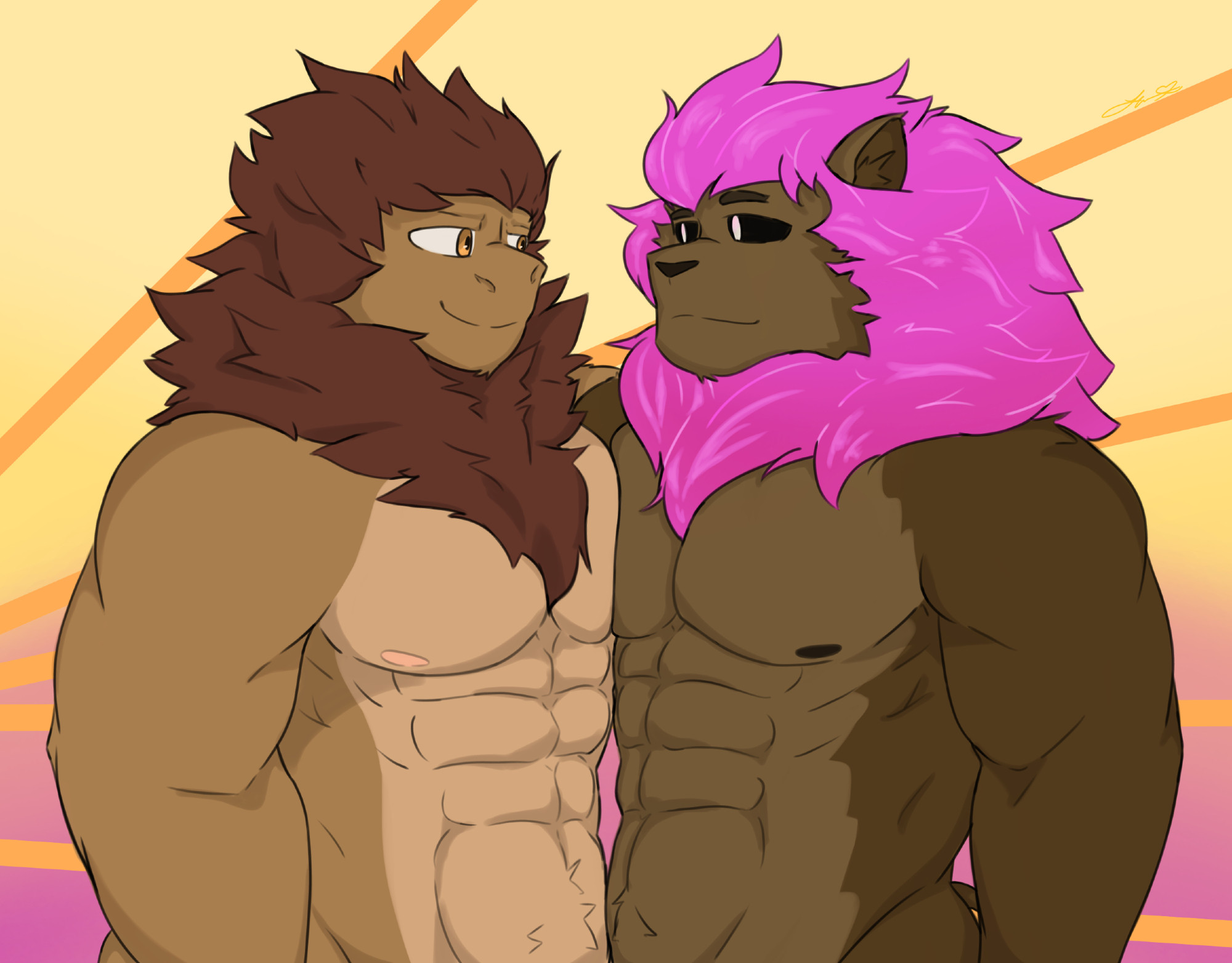 dino sona and lion sona shirtless staring at each other doing a pec squish