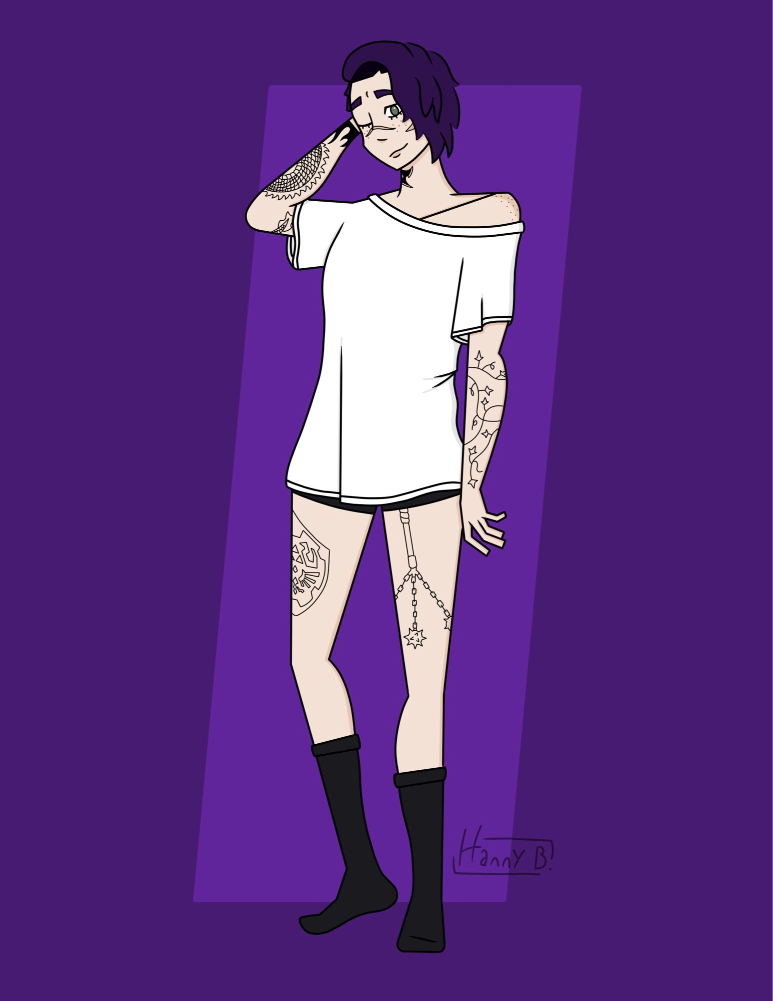 A full body drawing of a pale skinned woman with purple hair in a side swept undercut, wearing an oversized white T-shirt and black shorts that are just barely visible, with calf length black socks. She has five visible tattoos: A Legend of Zelda shield on her right thigh, a spiked flail with three chains on her left thigh, a dragon coiled around her right arm, a cluster of vines on her left, and a throwing star on the left side of her neck. She has freckles on her shoulders and under her eyes, scars on her nose and right cheek, and hazel green eyes. She’s in a relaxed standing pose with her left hand behind her head and her left eye closed. She is on a purple background.