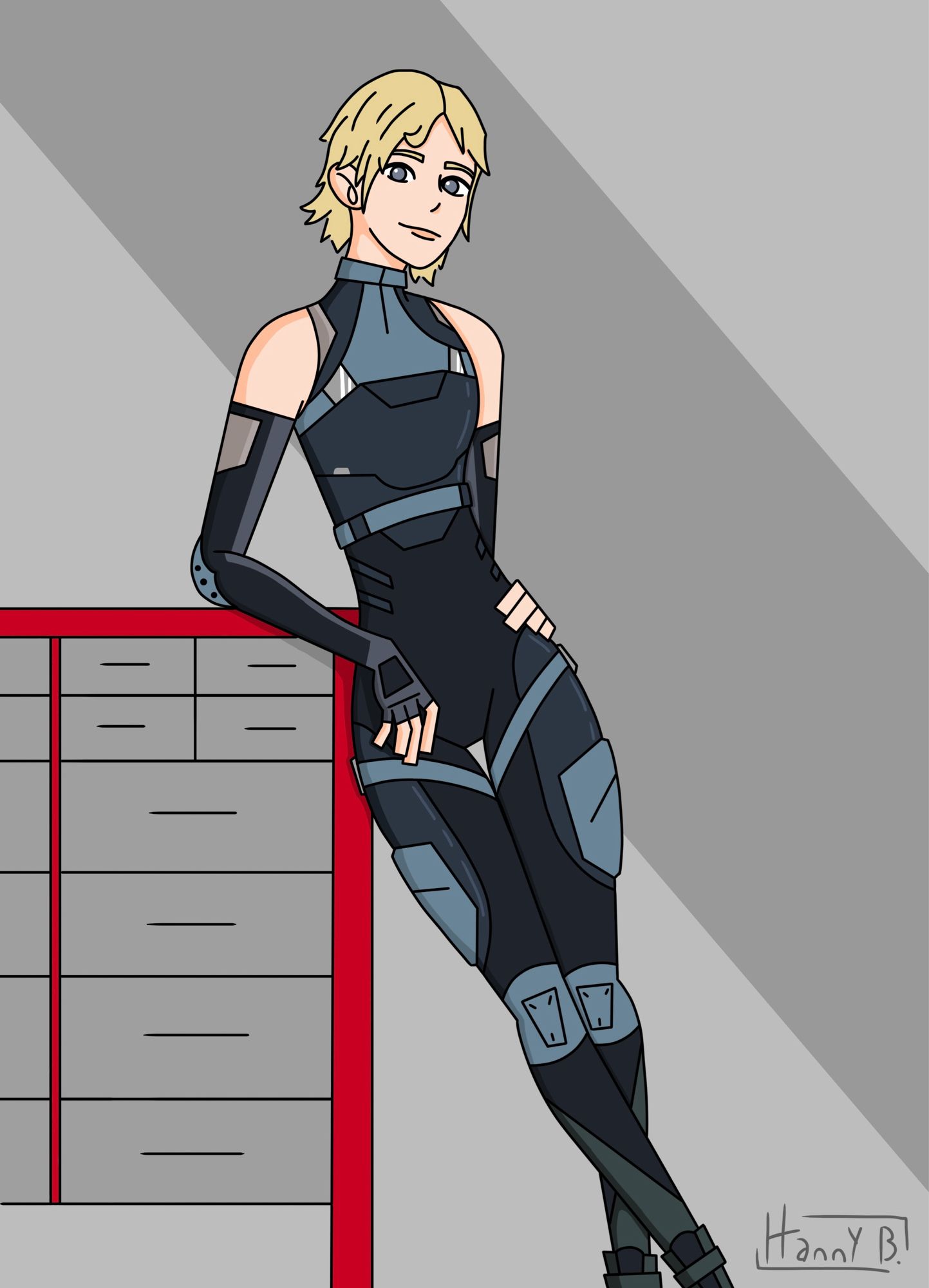 A full body drawing of a woman with short blonde hair wearing a grey bodysuit with blue accents and leaning on a red tool drawer with one hand on her hip.