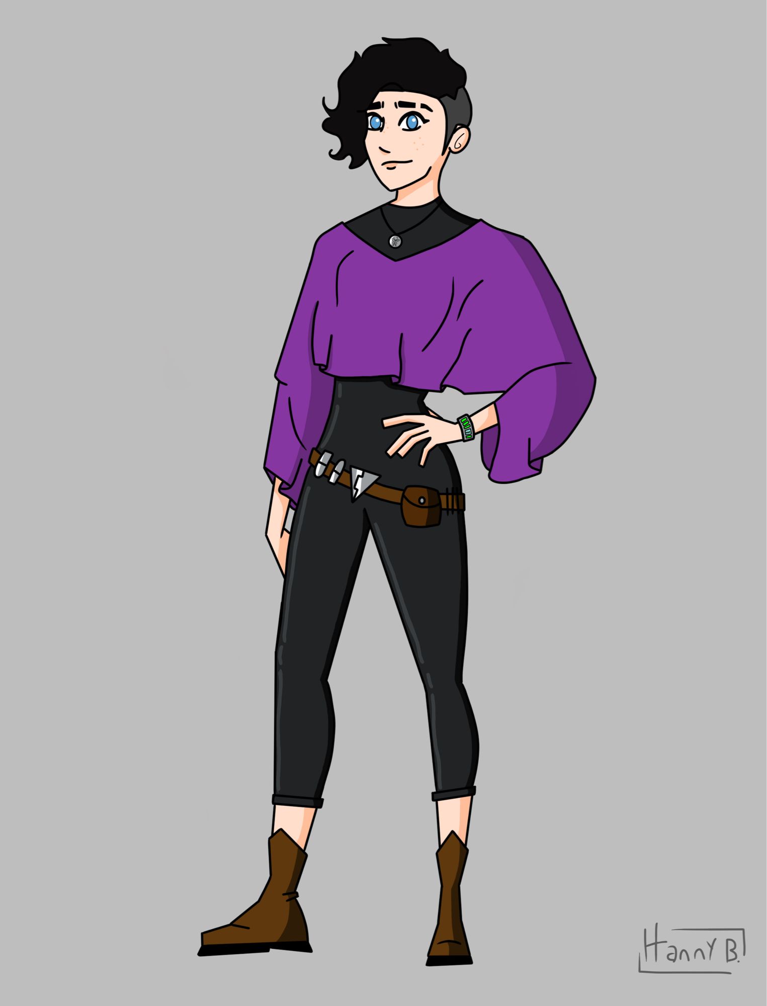 A full body drawing of my Star Wars OC Jaina. She is a pale woman with short curly black hair in a side swept undercut, blue eyes and a slit eyebrow. She is wearing a black bodysuit with a short purple poncho overtop, brown boots and a brown utility belt. She has a small silver necklace and an electronic bracelet with green lights.