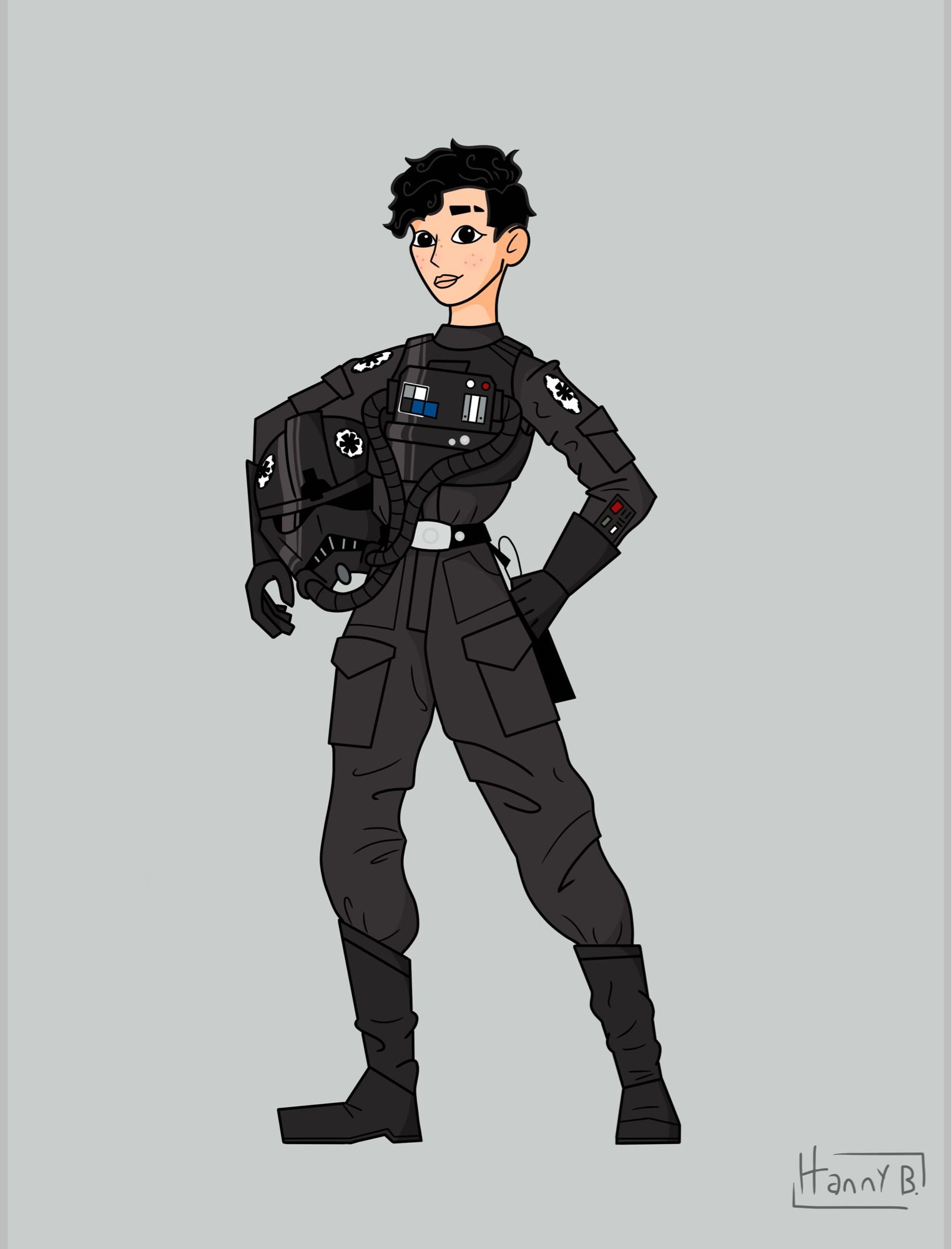 A full body drawing of my Star Wars OC, Jaina. She is a pale young woman with freckles and short curly black hair in a side swept undercut style. She’s wearing an Imperial TIE fighter pilot uniform with life support vest and a helmet under her right arm. Her left arm is propped up on her hip.