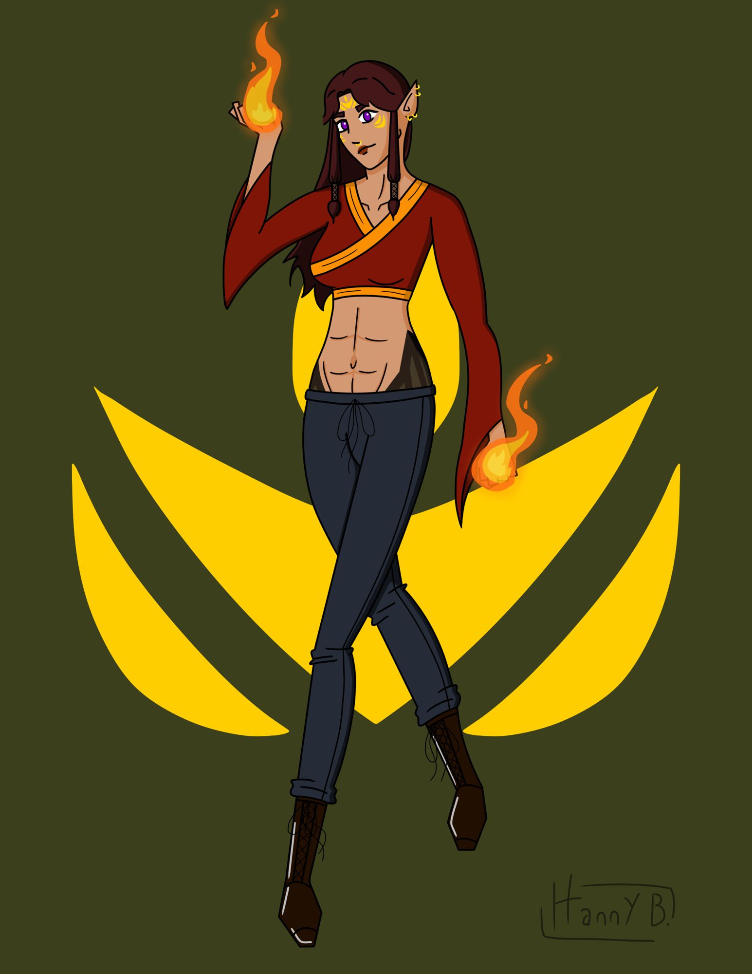 A full body drawing of my friend’s OC Zeldef. She is a tan skinned elf woman with purple eyes and dark hair, wearing a red wraparound top and bluish pants with brown boots. She has gold markings on her face, piercings on her ears and nose, and a dragon wing tattoo on her hips. She is wielding fire in both hands and has toned abs.