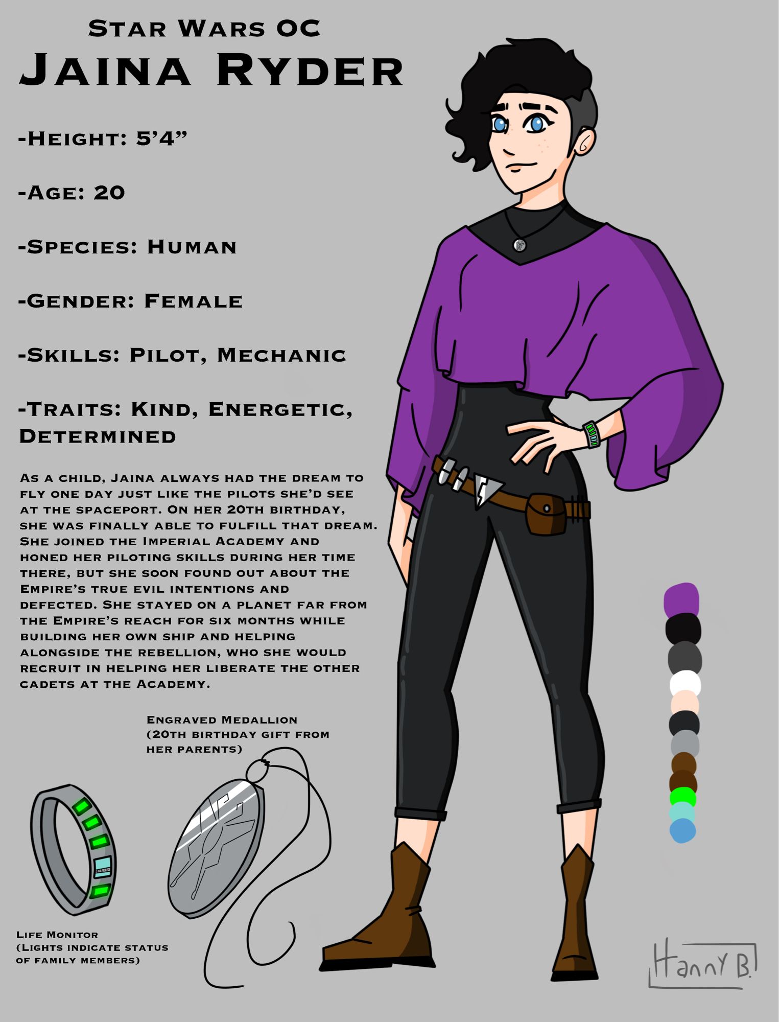 A character ref sheet for a pale woman with short curly black hair, blue eyes and a slit eyebrow. She is wearing a black bodysuit with a short purple poncho overtop, brown boots and a brown utility belt. She has a small silver necklace and an electronic bracelet with green lights.