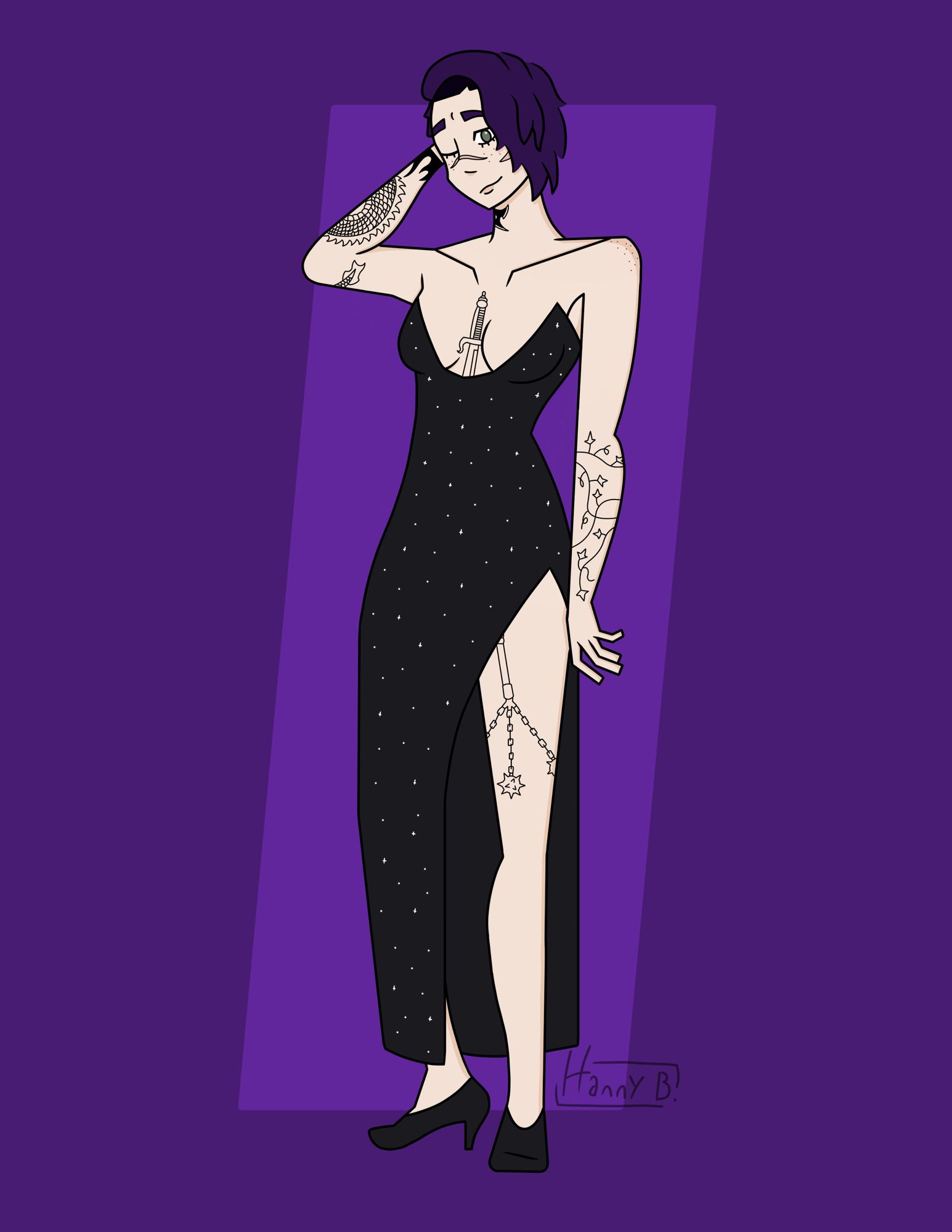 A full body drawing of my friend’s OC Izanami. She is a pale skinned woman with purple hair in a side swept undercut. She has freckles under her hazel green eyes and on her shoulders, and two scars on her face, one on the nose and one on the left cheek. She’s wearing a low cut sparkly black dress with a side slit and no straps, and black heels. She has a few visible tattoos: A spiked flail weapon on her left thigh, a tangle of vines on her left arm, a coiled dragon on her right arm, and a dagger between her breasts. She’s on a simple purple background.