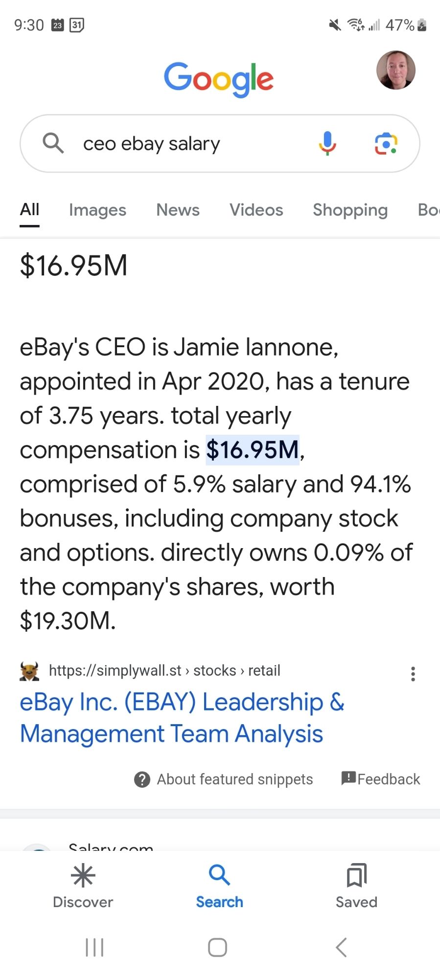 Screenshot of Google search showing the ceo of ebay makes a salary of $16.95 million.