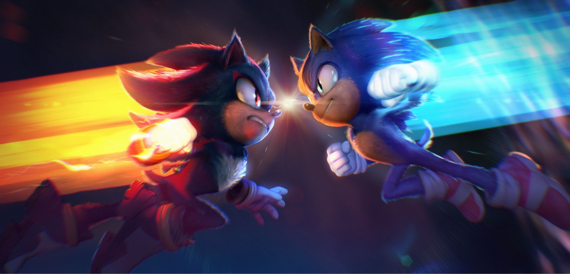 Sonic and Shadow flying over Tokyo about to punch each other in the face.