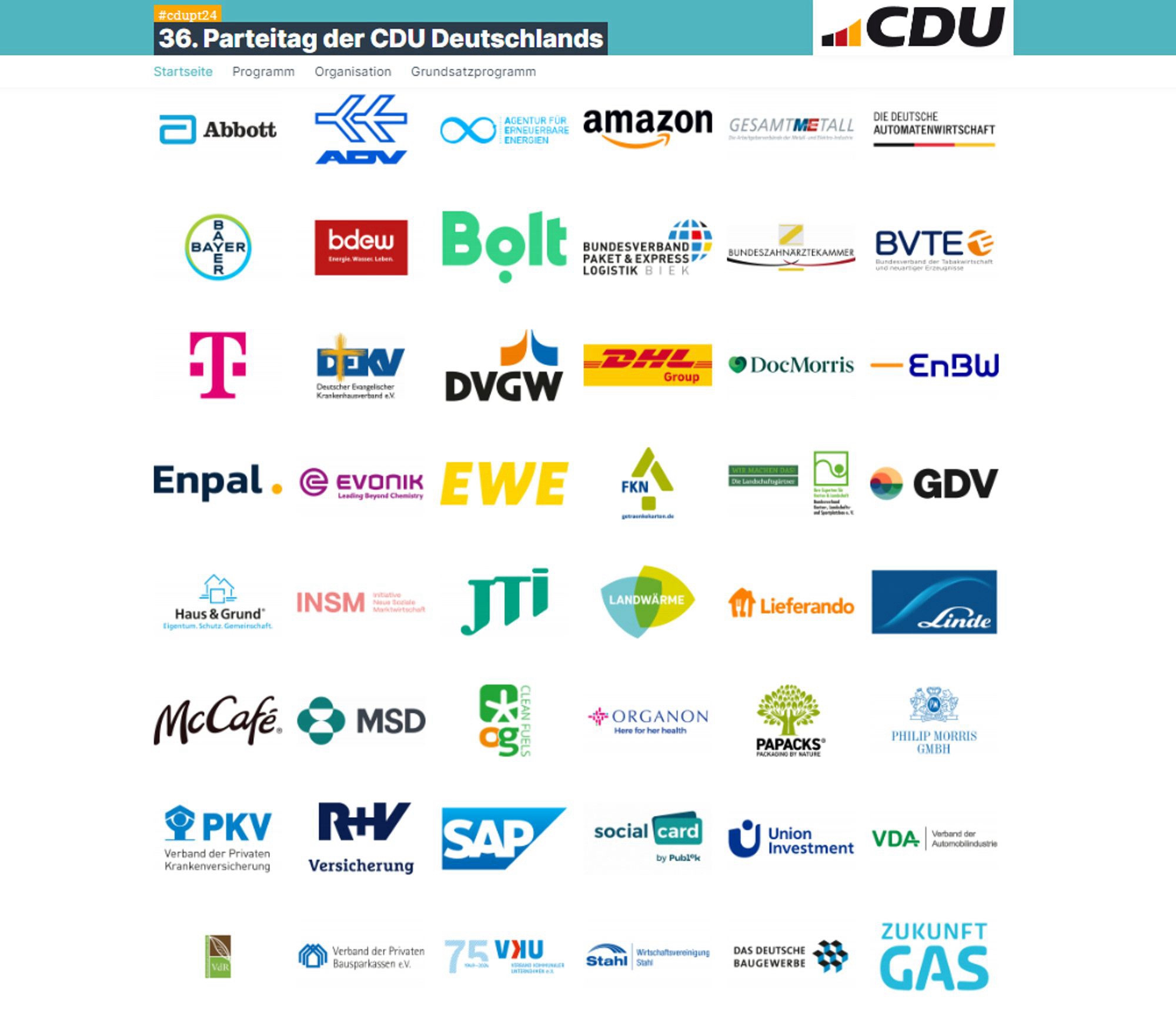 Liste der Sponsoren beim CDU-Parteitag, darunter diverse Energiekonzerne wie EWE, EnBW, bdew und „Zukunft Gas“