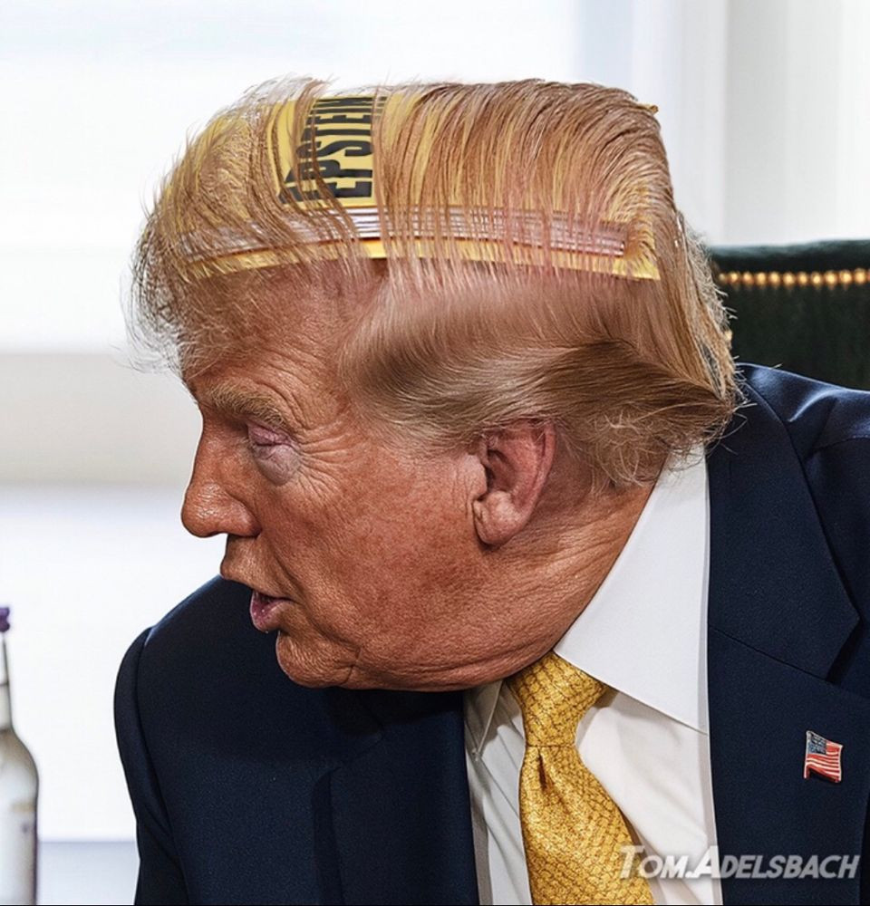 an edited photo featuring what looks like a bunch of papers with the title "Epstein files" underneath trumps combover. 