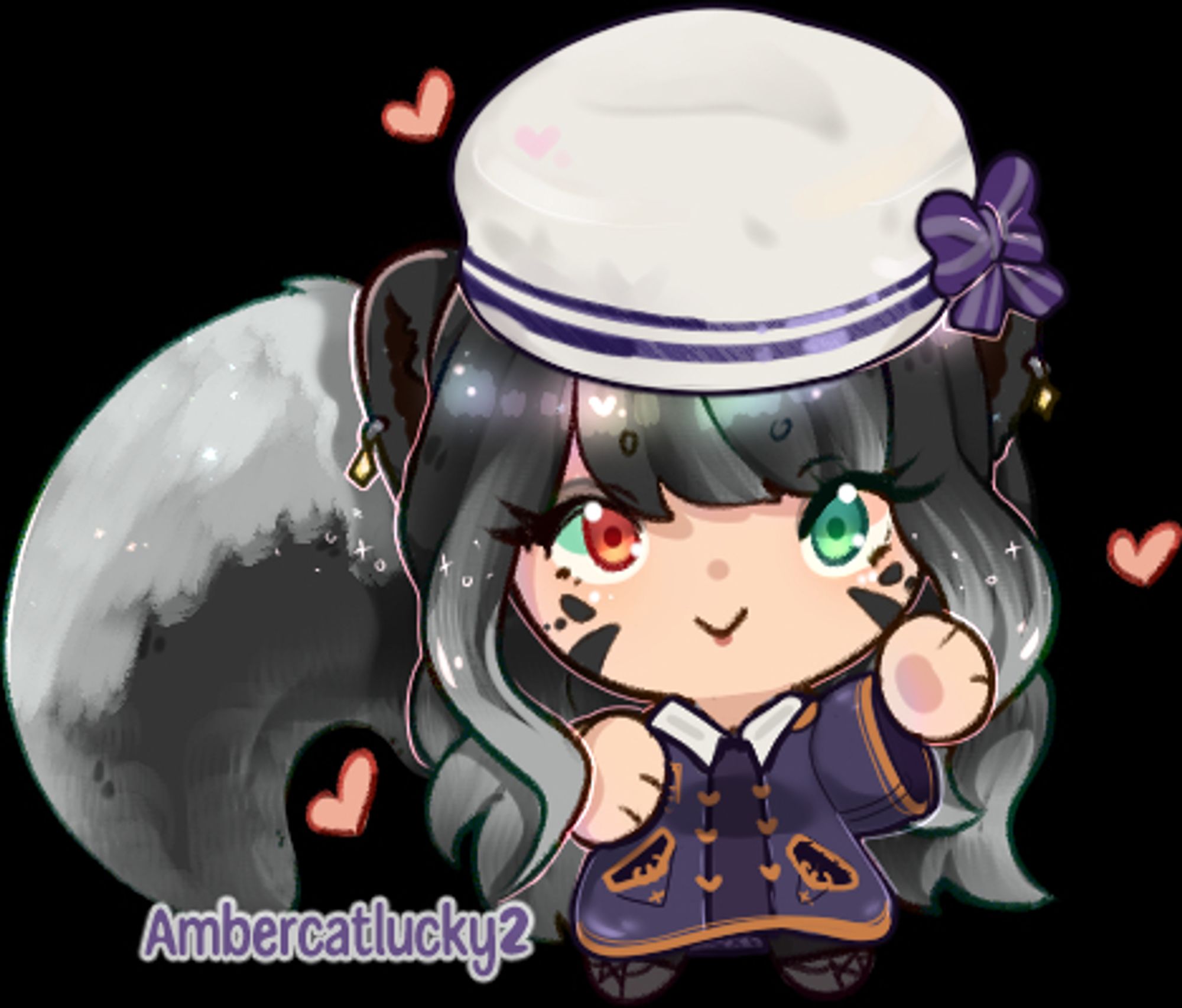 A cute chibi figure of a skunk girl with a fluffy tail and ears, she has a purple robe on and a white hat with a purple ribbon, her left eye is green and her right eye is red, one hand is raised in a slight wave and there are heart accents around the character