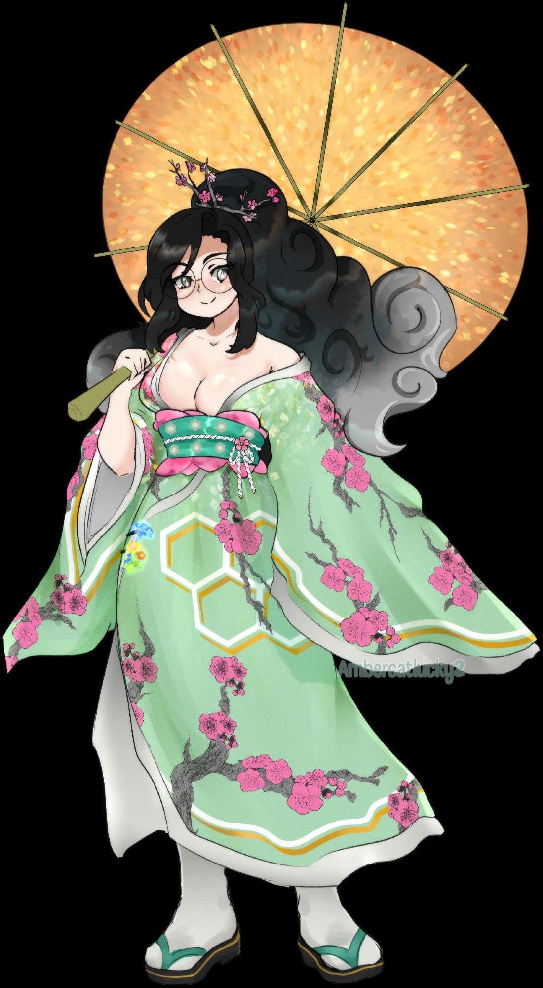 Woman with long black hair that turns into smoke holding a crystalline parasol wearing a light green floral yukata