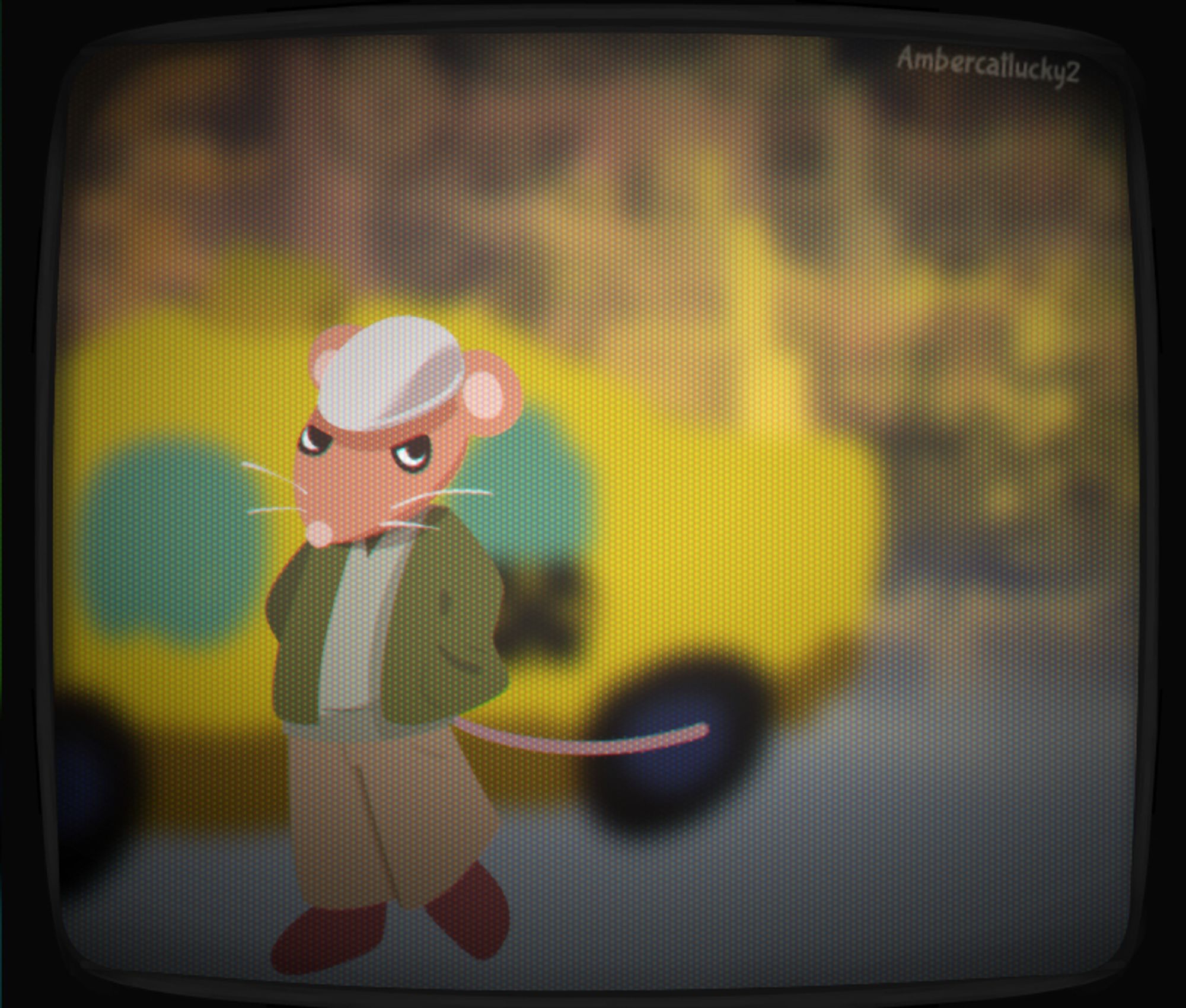 A new-york looking rat glancing up, his hands are in his pockets and the background is slightly blurred, the figure of a taxi with a city nightscape can be seen. A filter frame gives the image the appearance of being on a CRT moniter.