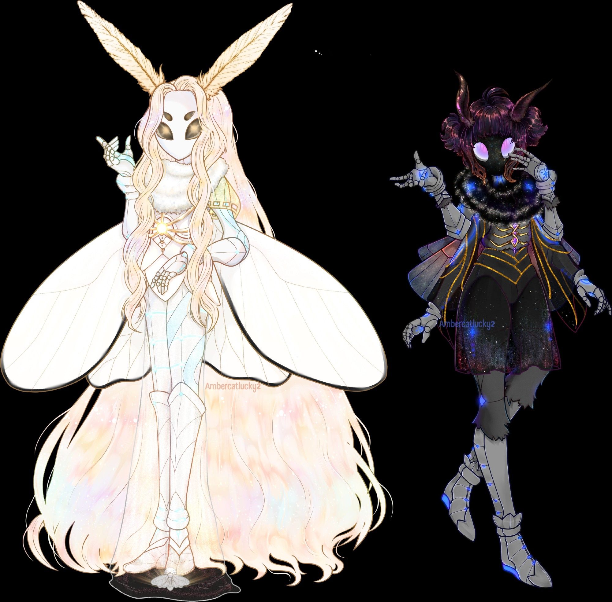 Two genderless figures with soft moth-like antennae, one figure has very pale white and yellow colours with blue accents, pure white wings lined in black, and long blond hair. The other figure is dark grey, black, and purple with dark blue accents and orangey-purple accents, this character has shorter antennae and is fluffier, they are wearing sheer black clothing with gold accents.