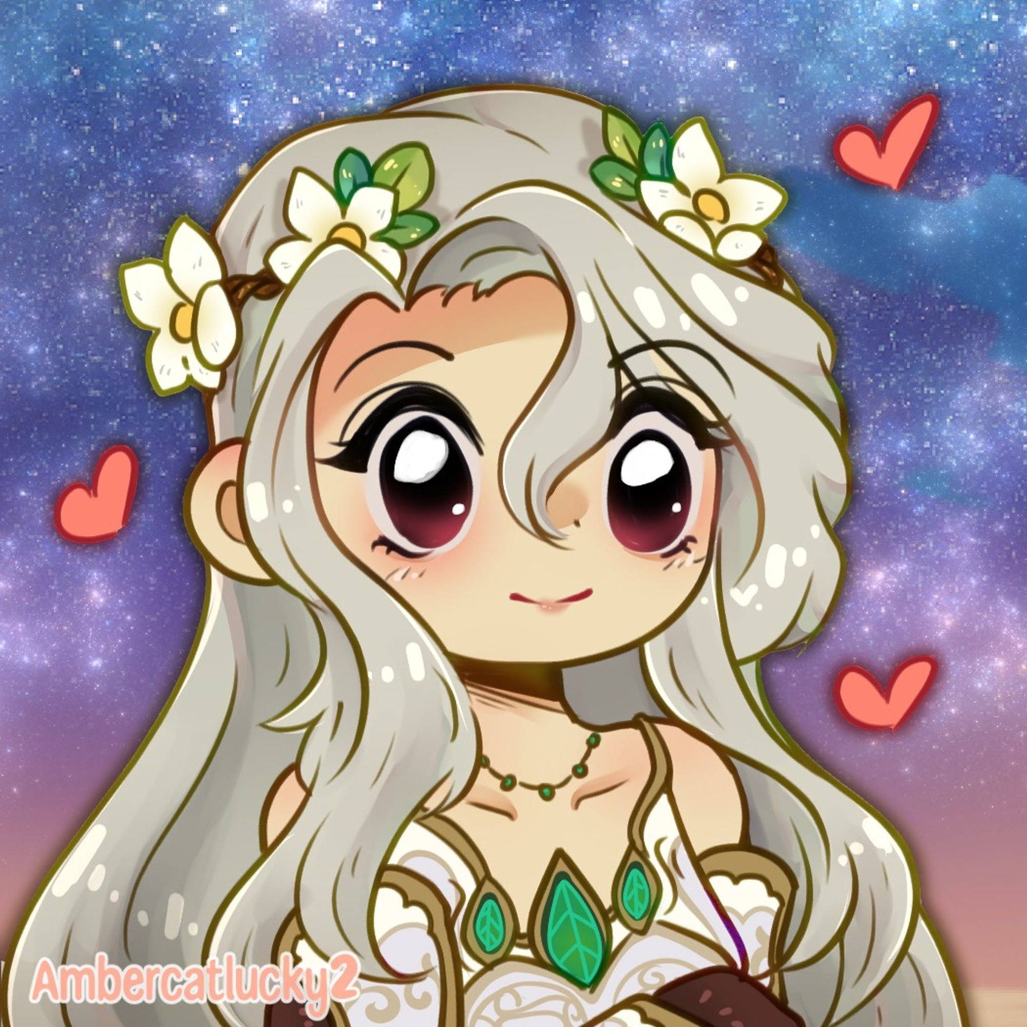 A semi-chibi bust up drawing of a girl with raspberry pink eyes and silver hair wearing a flower crown and a nature themed dress over a starry background