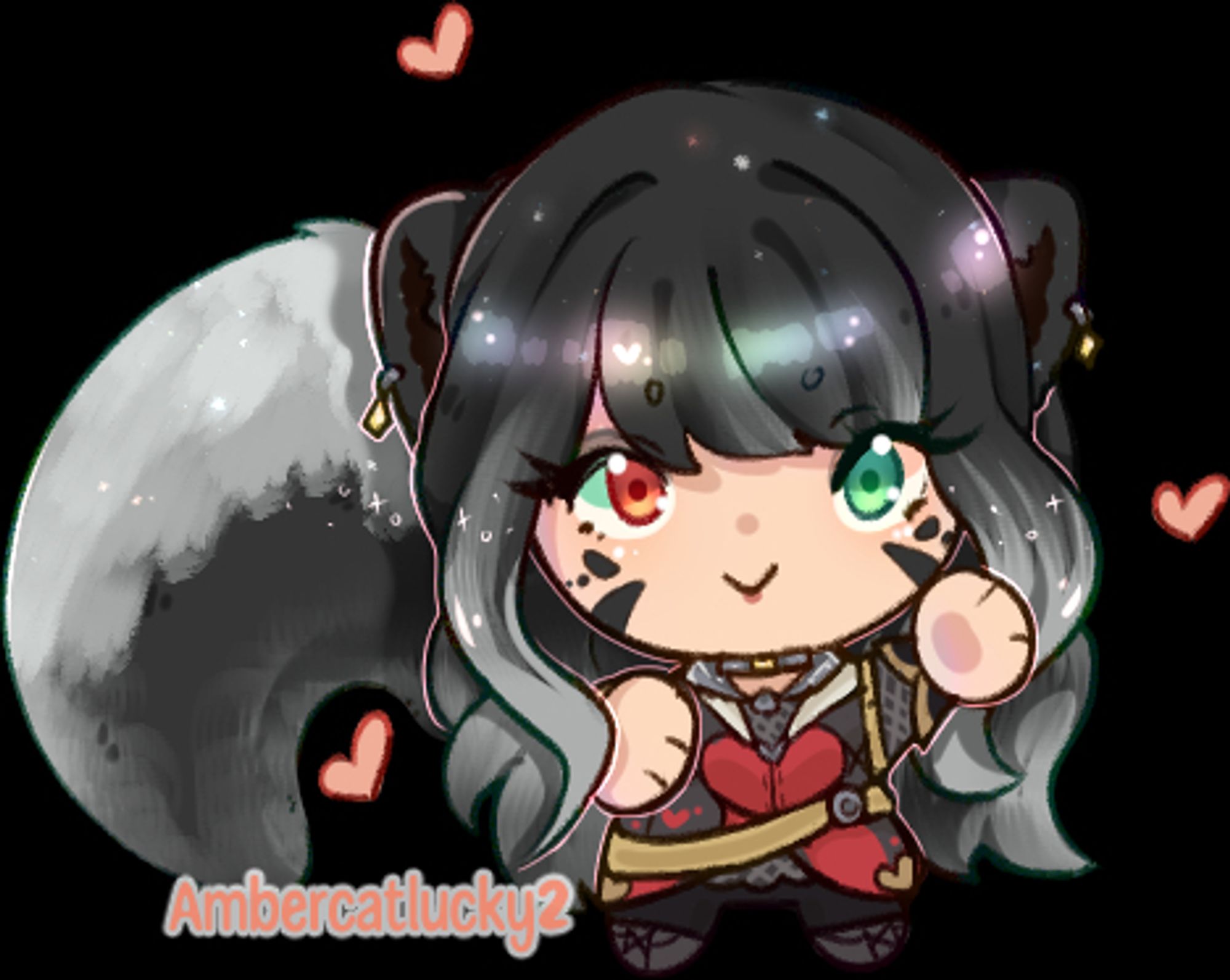 A cute chibi figure of a skunk girl with a fluffy tail and ears, she has a black and red outfit on with light tan belts, her left eye is green and her right eye is red, one hand is raised in a slight wave and there are heart accents around the character