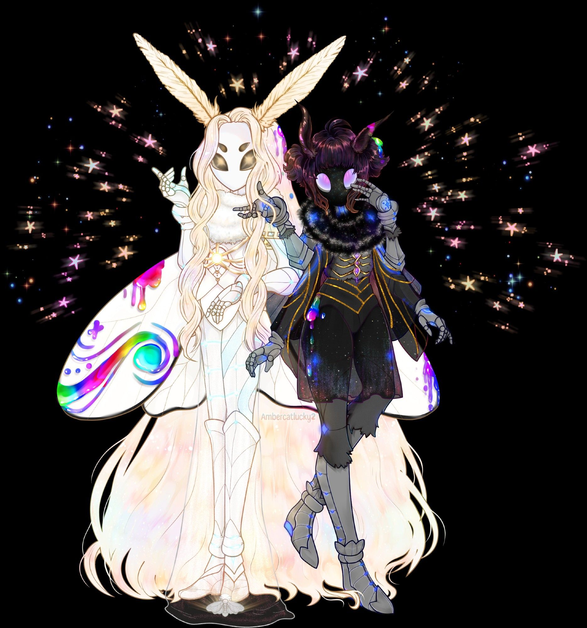 Two genderless figures with soft moth-like antennae, one figure has very pale white and yellow colours with blue accents, pure white wings lined in black, and long blond hair. The other figure is dark grey, black, and purple with dark blue accents and orangey-purple accents, this character has shorter antennae and is fluffier, they are wearing sheer black clothing with gold accents.
The two are closer in this image to showcase their relationship/bond, and have a halo of sparkling colourful stars around them, both figures have drips of colourful rainbow paint in various designs or droplets on them.