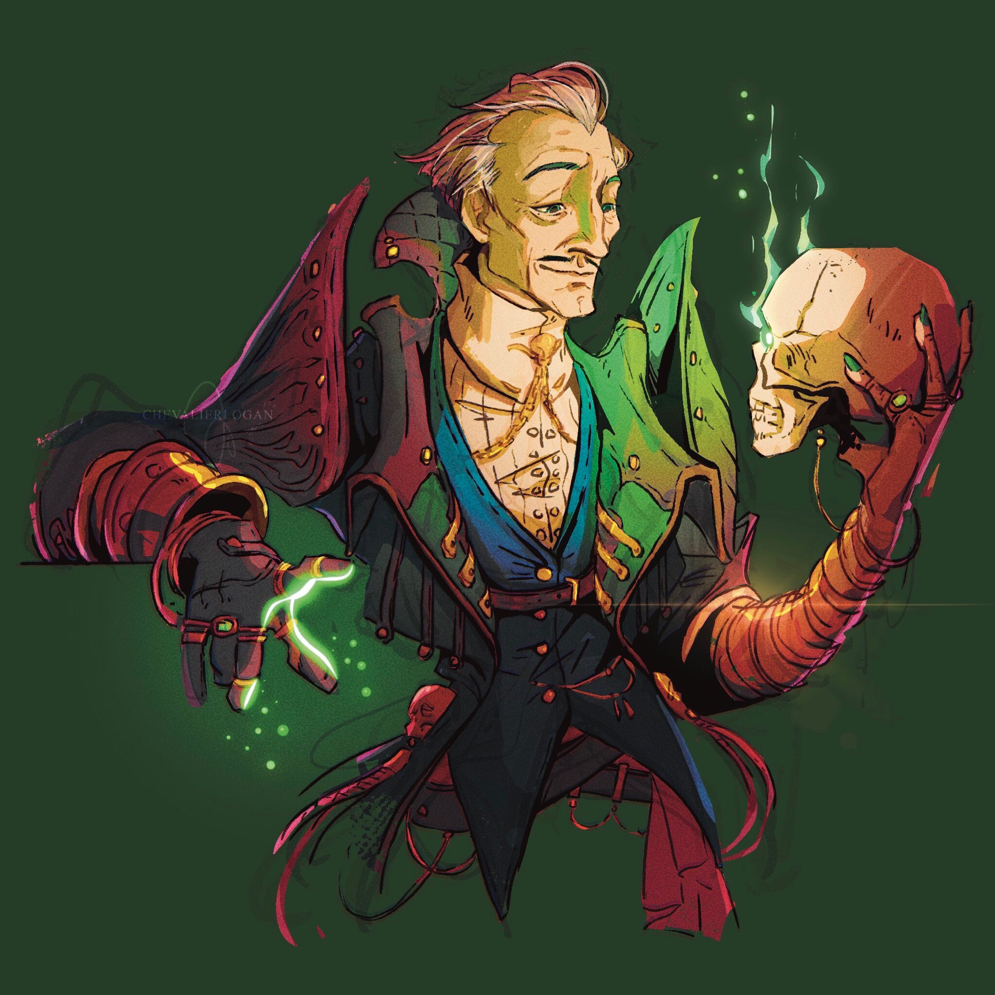 A rough color illustration of Emmerich, the human necromancer from the upcoming Dragon Age the Veilguard game. He is smiling down at a skull he is holding in his left hands, his other hand is gesturing some magic spell. The skull eyes are lit with greenish magic. The character is under a greenish light with a pinkish backlight.