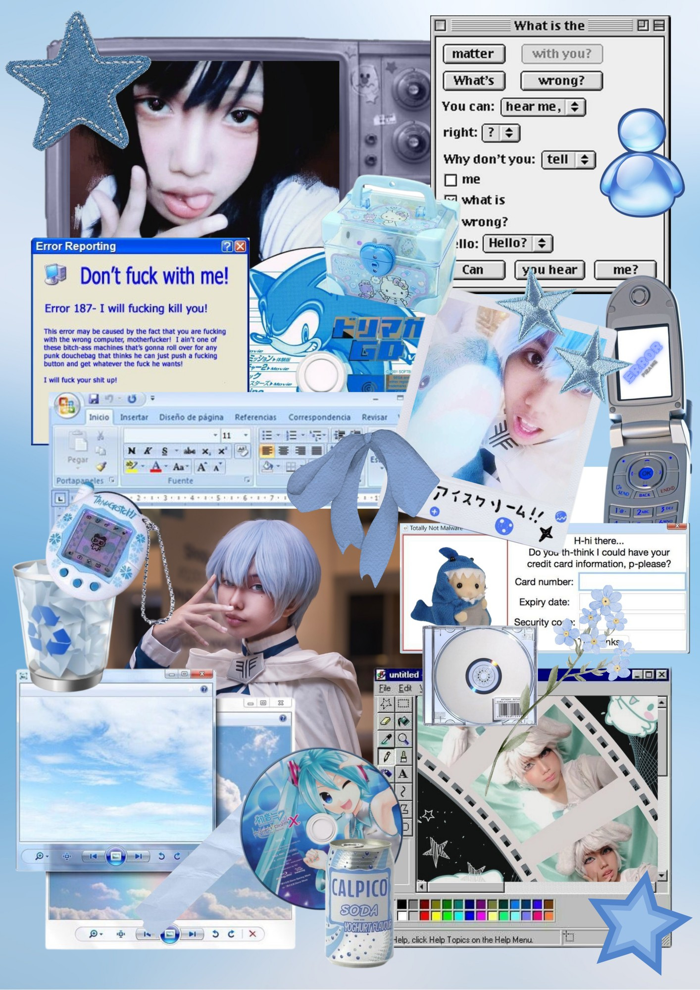 Edited Collage of Blue Materials/Design with Photos of Shin (Pizame) for a Layout