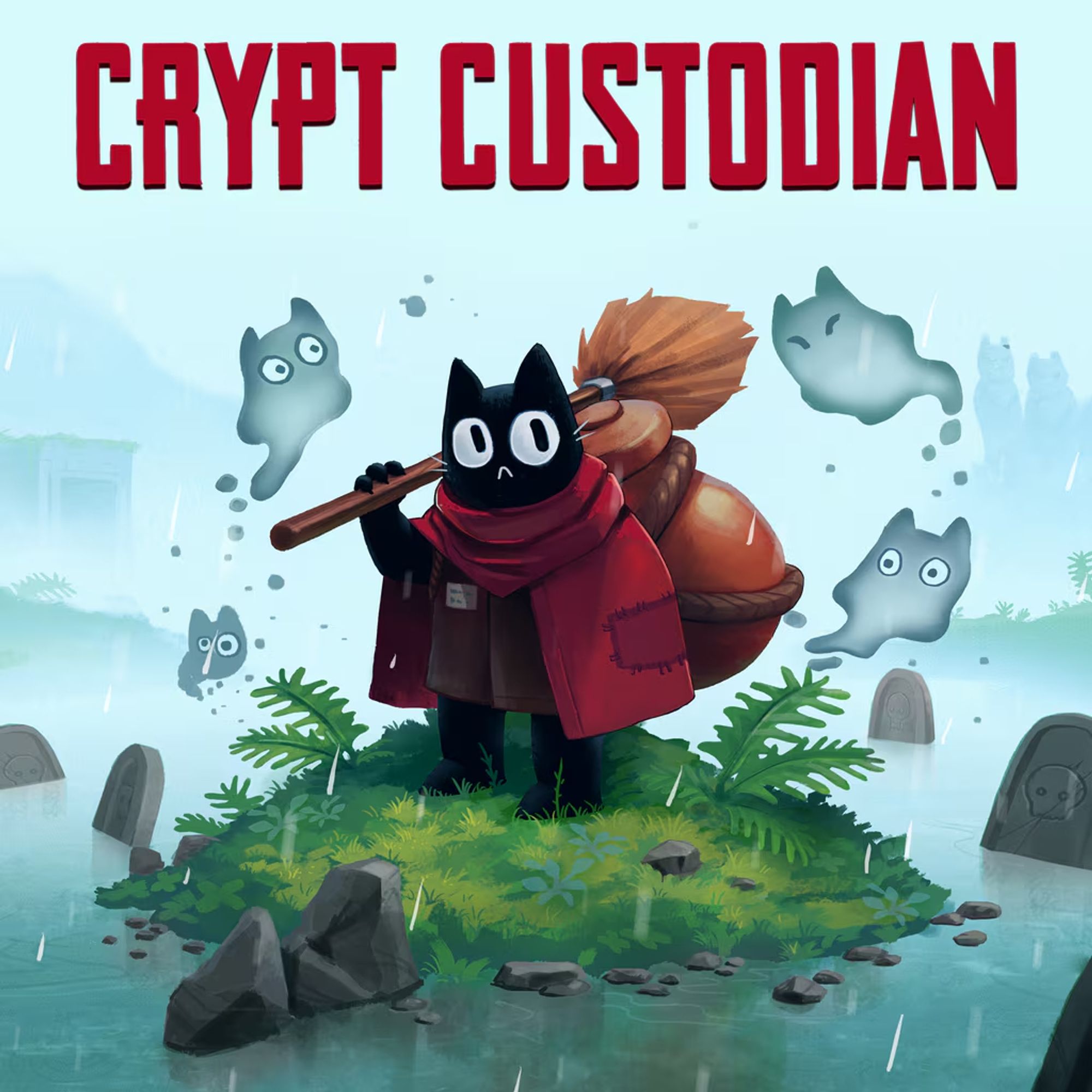 The cover art for Crypt Custodian. It depicts a black cat, wearing a red cloak, carrying a broom. They are standing on a small green islet, surrounded by graves and ghosts. It is done in a cartoon art style, and the cat has a humanoid shape.