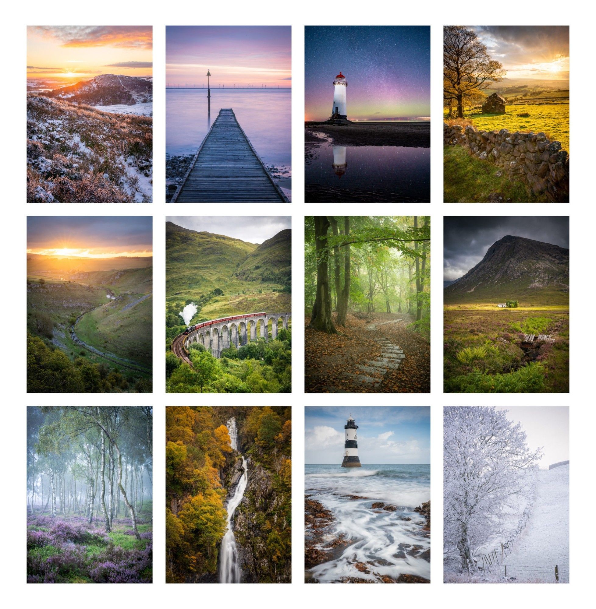 A grid of the 12 images featured in the calendar: 

A winter sunset from Ramshaw Rocks
A jetty at dawn in Llandudno
Aurora over Talacre Lighthouse
Sunset at Roach End Barn
Sunrise at Cressbrook Dale
The Jacobite (Hogwarts Express) at Glenfinnan Viaduct
A winding path in Styal Woodlands
A burst of light a Lagangarbh near Glen Coe
Late Summer Birches in fog with blooming heather
Aber Falls surrounded by autumnal trees
Incoming waves at Penmon Lighthouse
A frosted tree on a snowy hillside in the Peak District