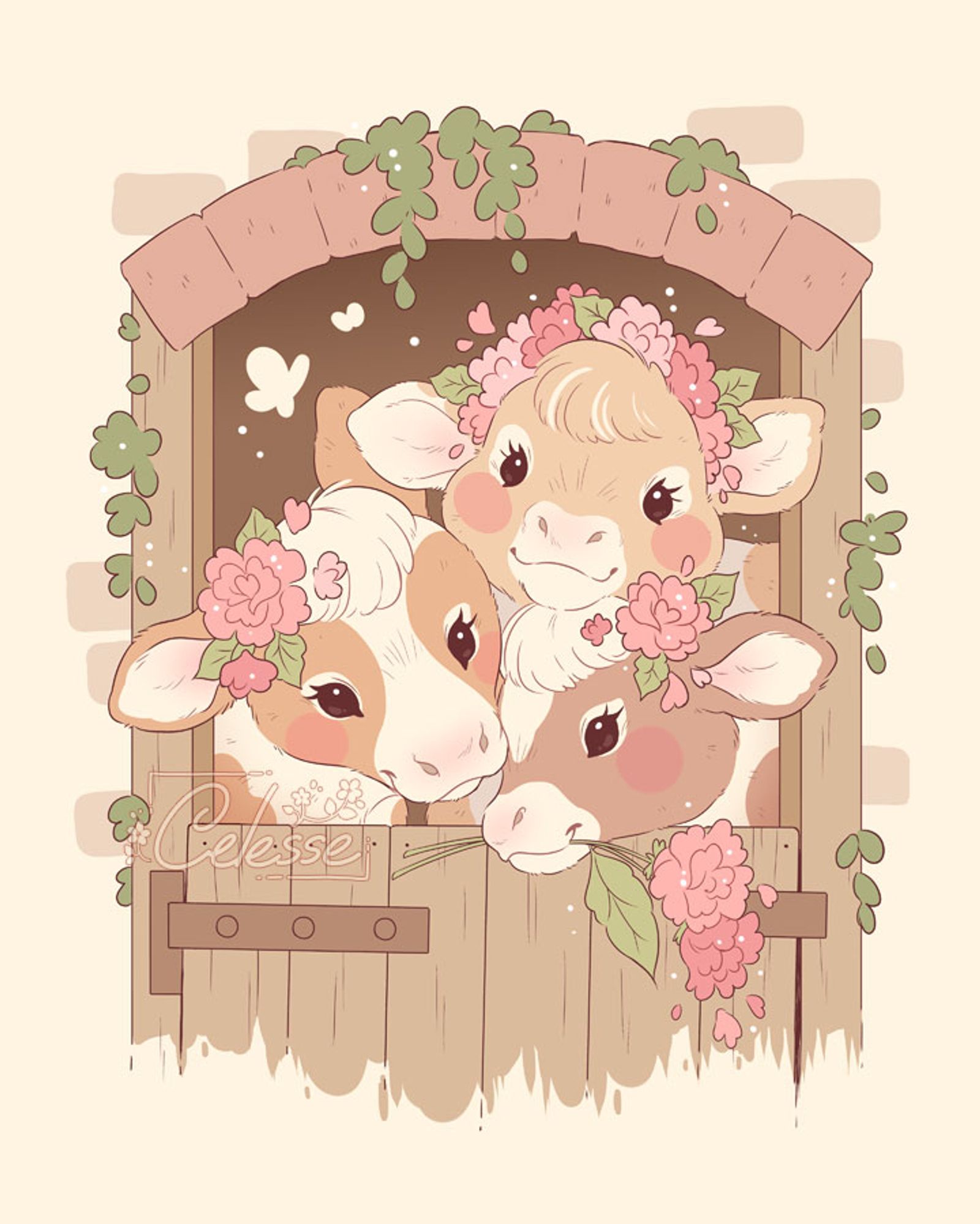 A vintage style drawing of three cows peering out of the open top window of a barn door. They wear flowers on their heads.