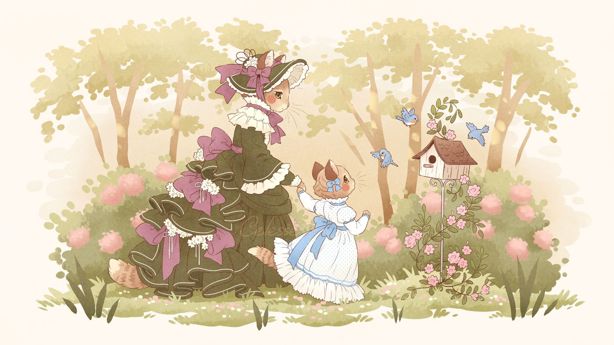 A vintage-style drawing of a mother cat and her daughter, the mother dressed in a dark green old-fashioned dress and bonnet with lots of ruffles and ribbons, the kitten in a white frilly dress with light blue ribbon accents. The mother holds the kitten's paw as they approach a bird house in a lush yard, three small blue birds flying around it, the kitten staring up at them in wonder.