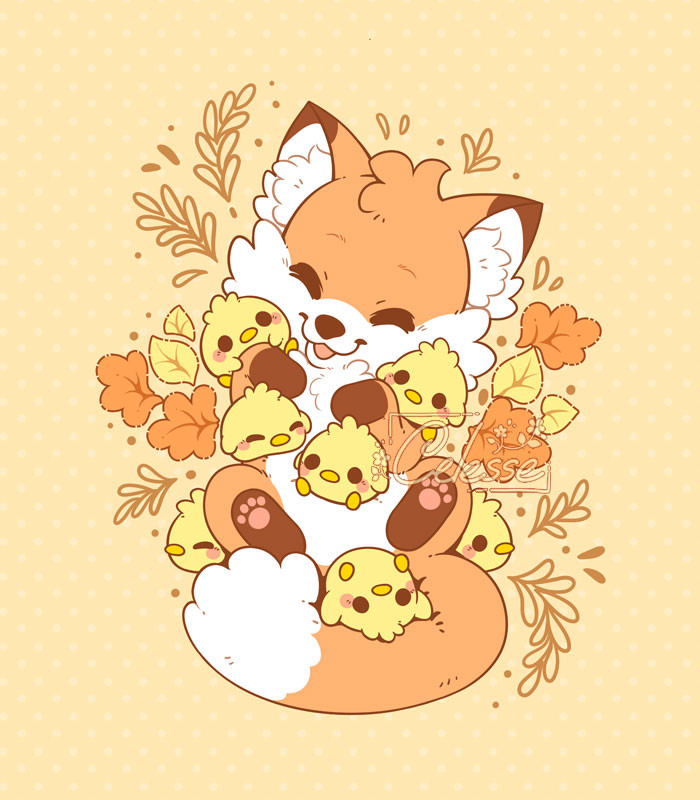 A drawing of a cute baby fox laying on his back with his paws pulled up, a bunch of round yellow chicks piled on top of and around him as they all snuggle happily. Stylized fall leaves frame them.