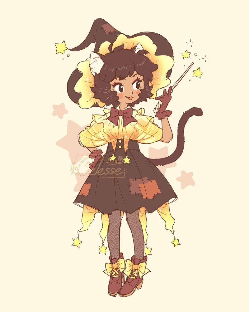 A sketchy drawing of a young anime style cat girl with black hair and dark skin, dressed in a black witch outfit with a flowy white, orange and  yellow blouse, matching frills under the skirt and underside of her jaunty witch hat. She holds a wand aloft as she poses cutely