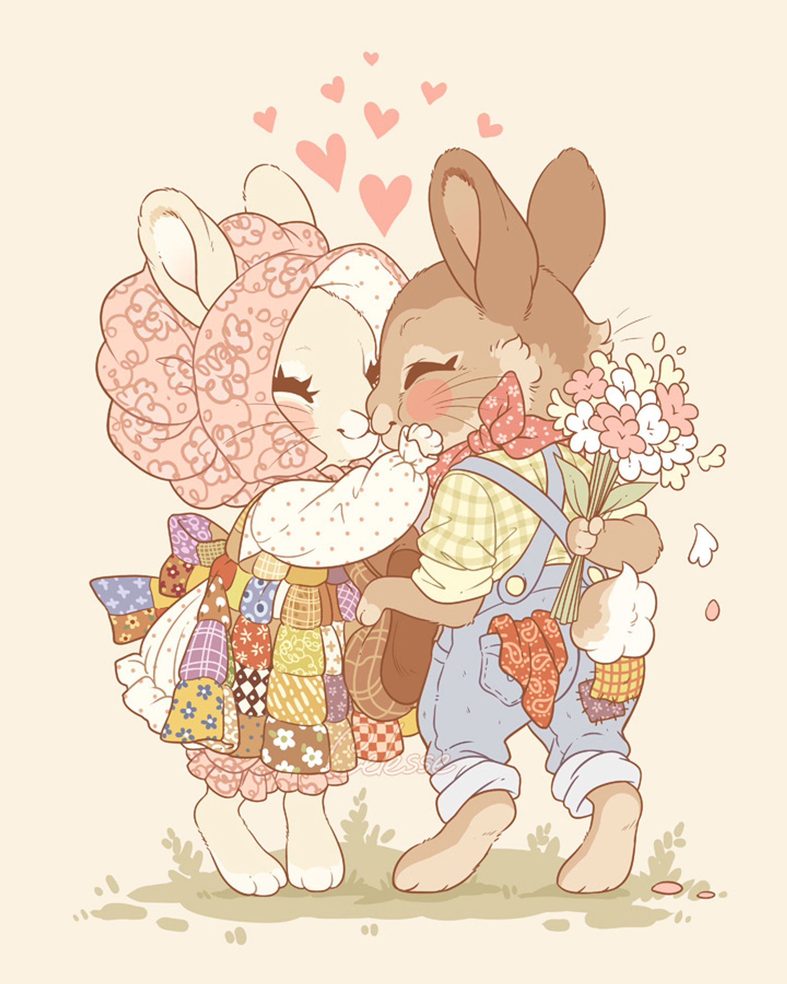 Two anthro rabbits drawn in a vintage style, one wearing an old fashion bonnet and patchwork apron and the other in overalls. They’re kissing while one hides a bouquet behind their back. 