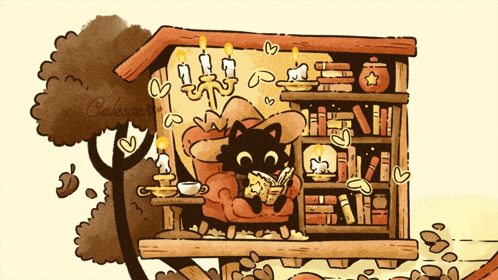 An animated drawing of a little black witch cat sitting in a chair reading a book in a personal library with a full bookcase, candles flickering and moths fluttering around