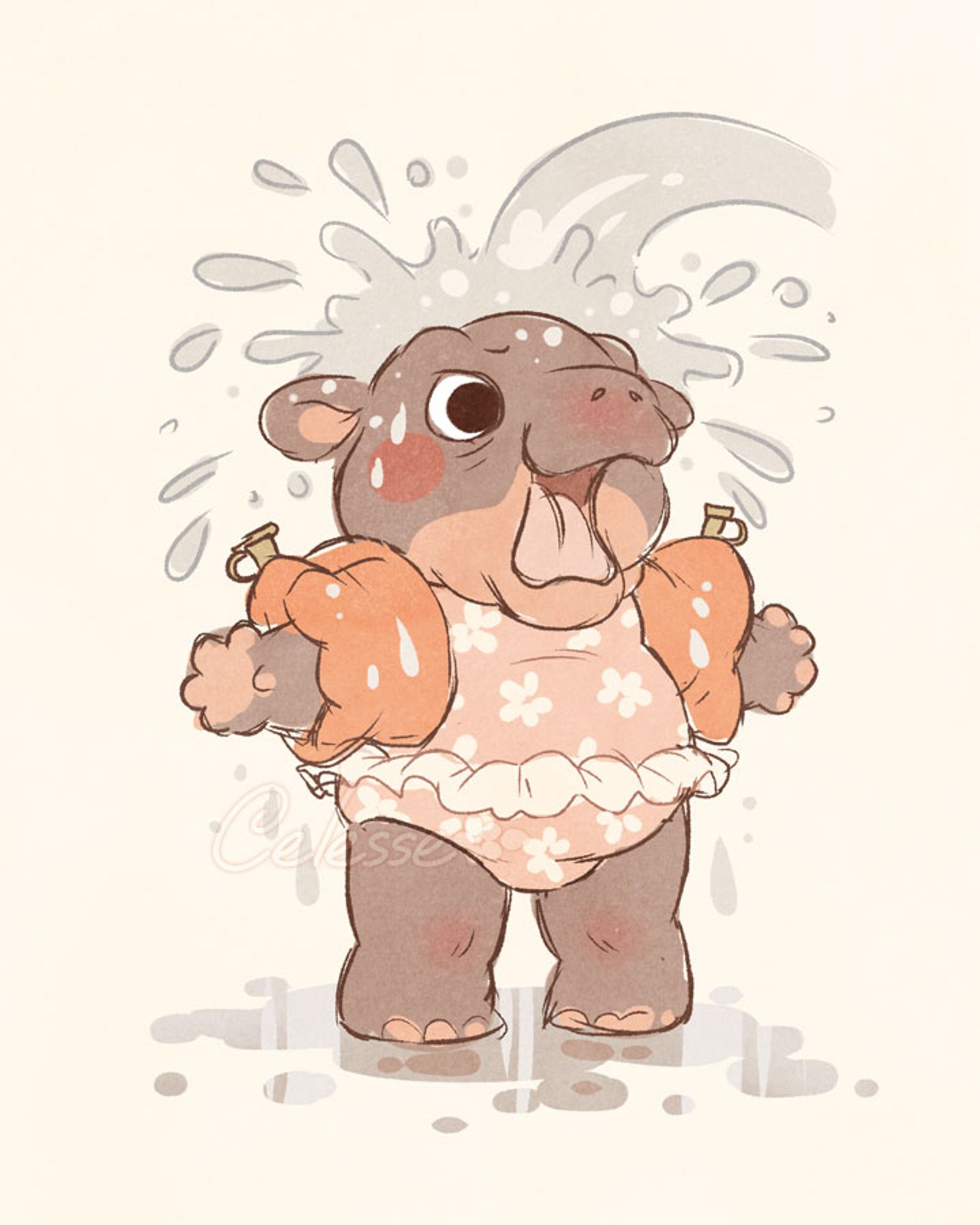 A drawing of anthropomorphized Moo Deng the baby pygmy hippo, wearing a pink floral bathing suit with a frilly skirt and large puffy orange water wings on her outstretched arms while she yells as water is poured on her