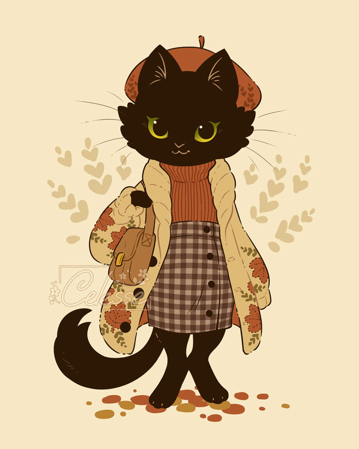 A digital drawing of an anthro black cat girl wearing a fall outfit: A beige cardigan decorated with orange stitched leaves, an orange turtleneck and a brown gingham skirt, with an orange beret on her head. A brown satchel hangs from her shoulder as her green eyes gaze at the viewer