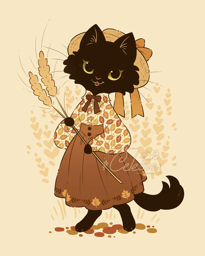 A drawing of an anthro black cat wearing a blouse covered with fall leaves and a long brown skirt, a straw hat on her head. She holds two sprigs of wheat in her paws as she strolls through a field