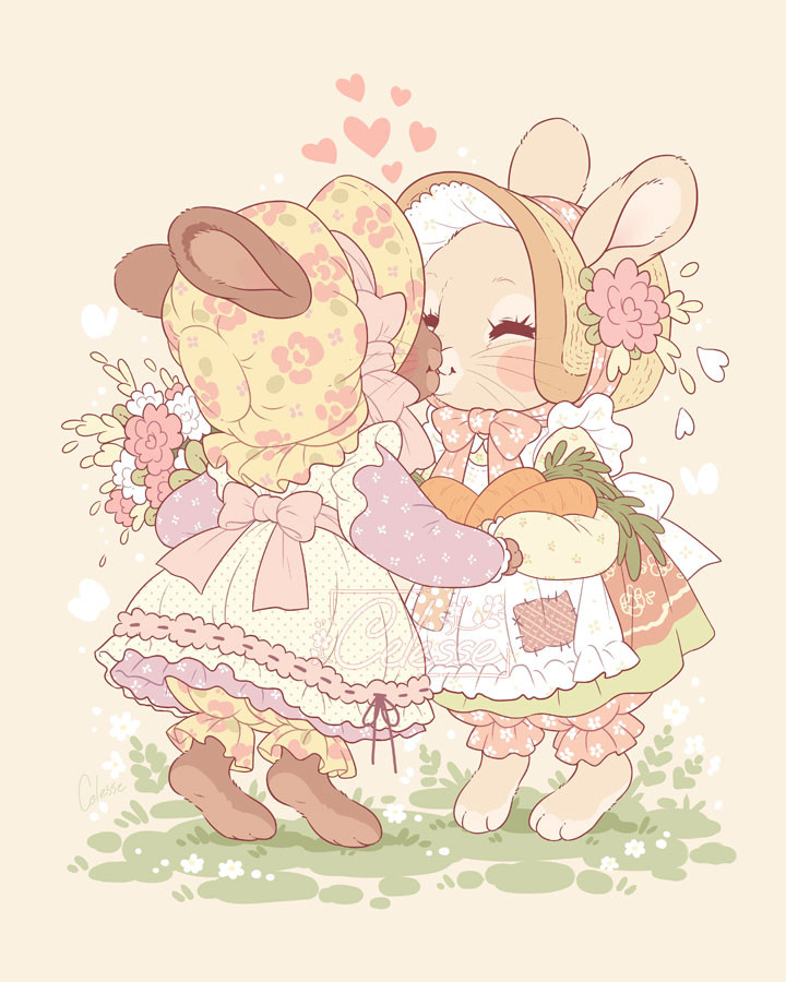 A vintage-style drawing of two bunnies wearing old-fashioned bonnets and dresses. One holds a bouquet, the other a bundle of carrots, and they lean in to share a soft kiss with each other.