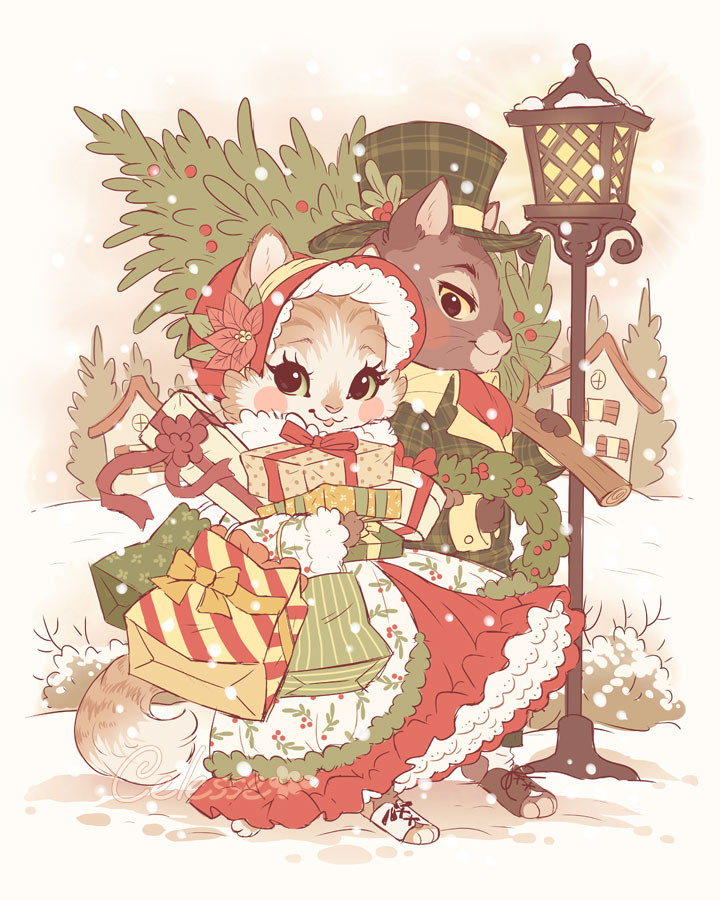 A vintage-style drawing of two anthro cats walking in the snow, the girl wearing a Christmas dress and bonnet and carrying an armload of presents and the boy wearing a green plaid suit and top hat, carrying a wreath and fir tree. A street lamp is lit near them and quaint houses are in the background.