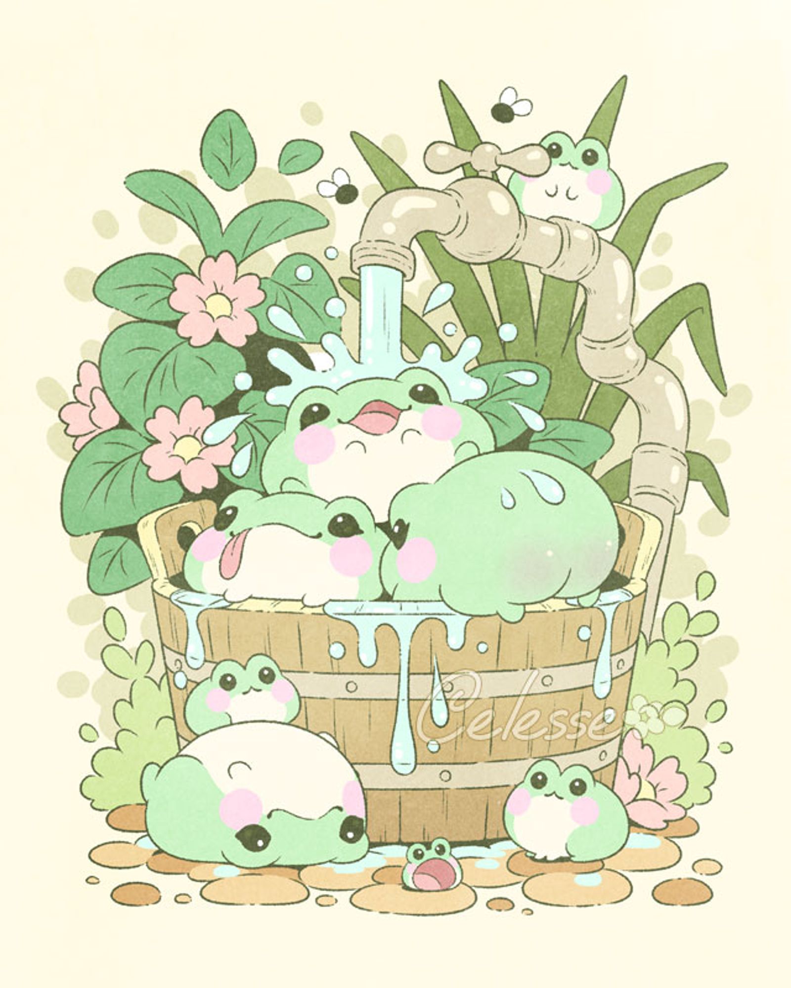 A drawing of a bunch of fat round green blob frogs splashing around in a wooden bucket in a garden, a faucet pouring water on top and plants in the background.