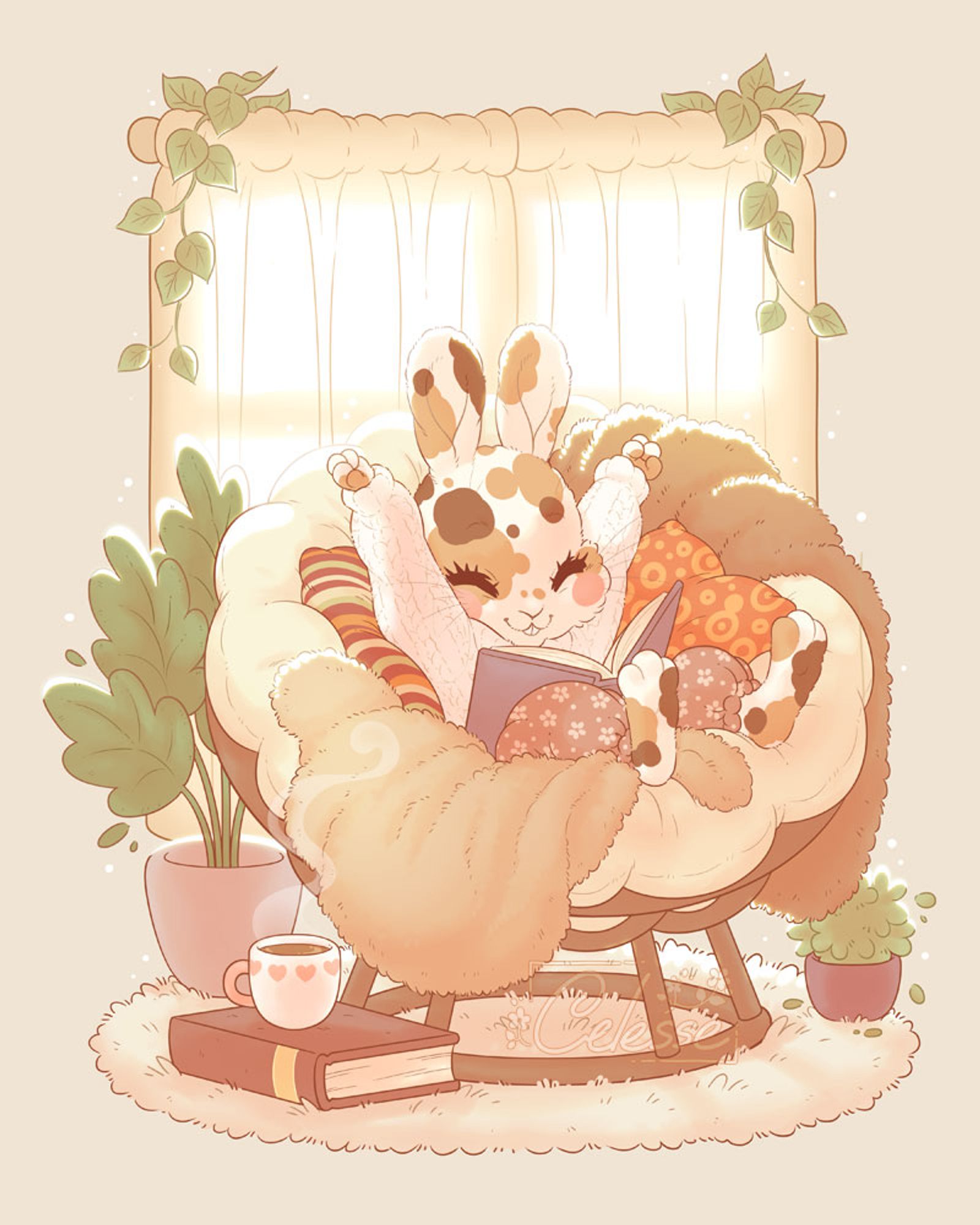 A drawing of a calico-colored anthro bunny nestled in a puffy papasan chair with pillows and fluffy blankets. She stretches happily, a book in her lap and a hot beverage beside her. A sunlit curtained window frames her, with plants around.