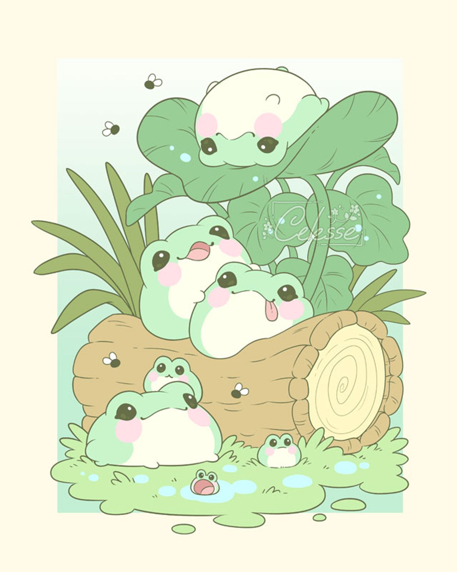 A drawing of a bunch of blob-shaped frogs, some perched on a log and one at the top upside down on a large leaf. Smaller frogs pile around on the larger ones. Grass and flies surround them.