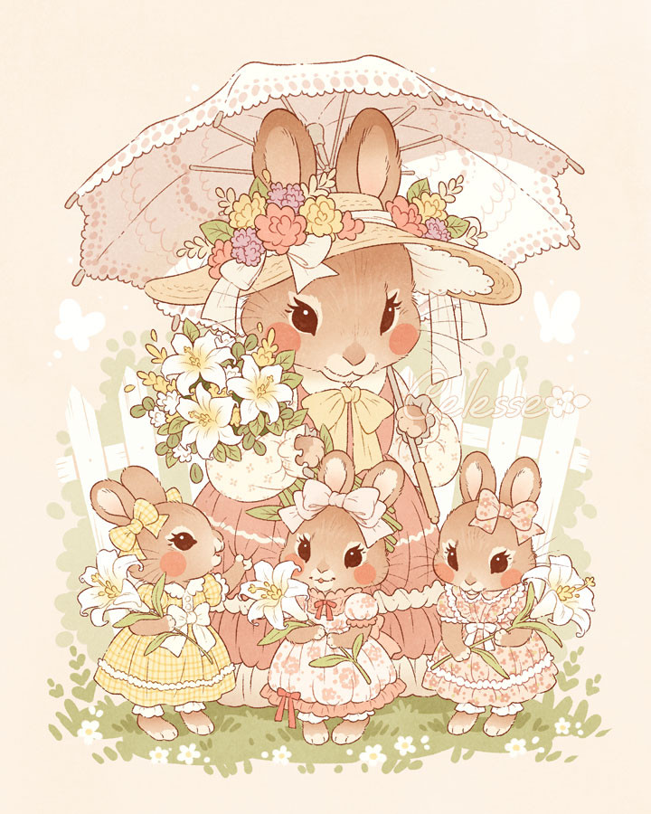 A vintage-style drawing of a mother rabbit and her three daughters, all dressed in their finest Sunday dresses. The mother holds a lace parasol and a bouquet of lilies and the girls each hold a single lily.