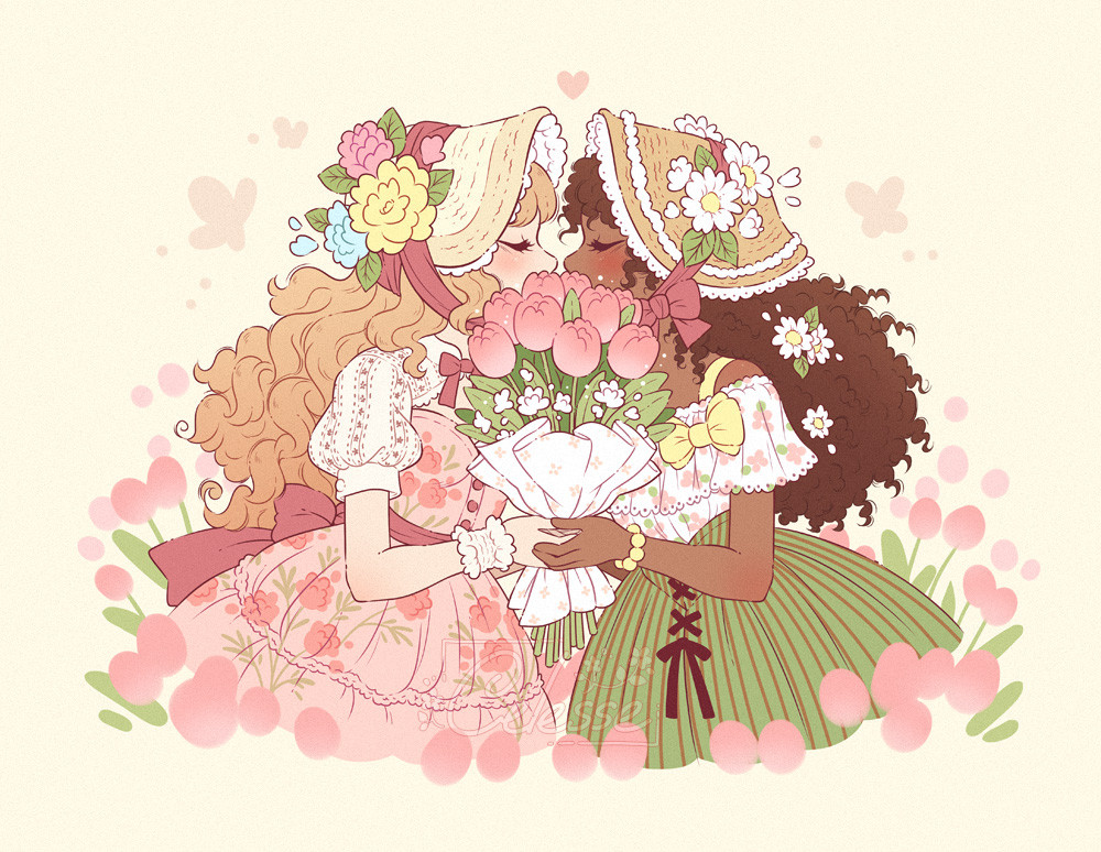 A soft vintage-style drawing of two women in cottagecore spring dresses, one fair skinned with strawberry blonde hair dressed in pink, the other dark with curly brown hair dressed in green. They lean in towards each other with their eyes closed, a large bouquet of pink tulips held between them and obscuring their faces in a demure fashion.