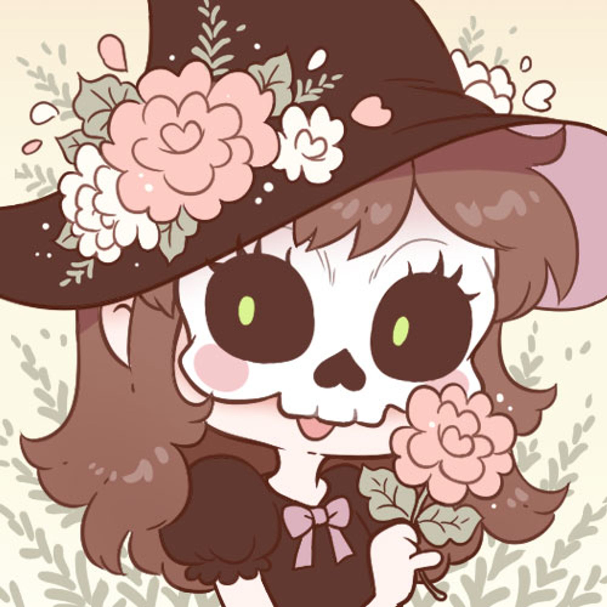 A profile icon of a girl with long brown hair wearing a skull mask and black witch hat decorated with pink and cream flowers. She holds a flower up to her face and smiles as green glowing eyes peer from the skull eye sockets. A spray of green fern-like vines decorate the background.
