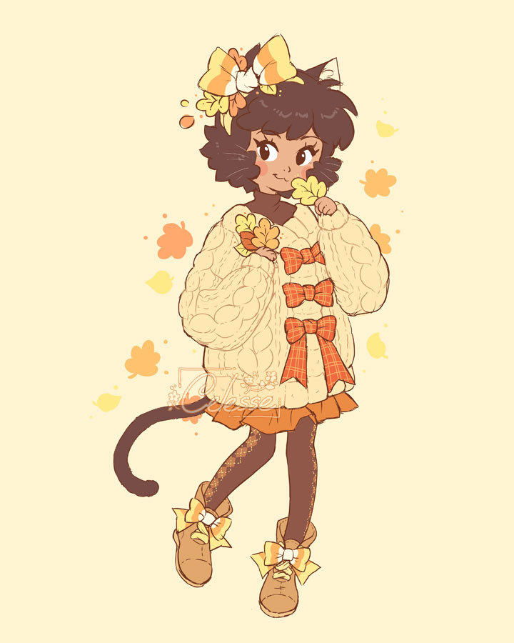 A sketchy drawing of a young anime style cat girl with black hair and dark skin, dressed in a large beige cardigan with orange plaid bows going down the front. She wears a candycorn-colored bow in her hair and holds a few autumn leaves in her hands and up to her face as she walks, looking back over her shoulder