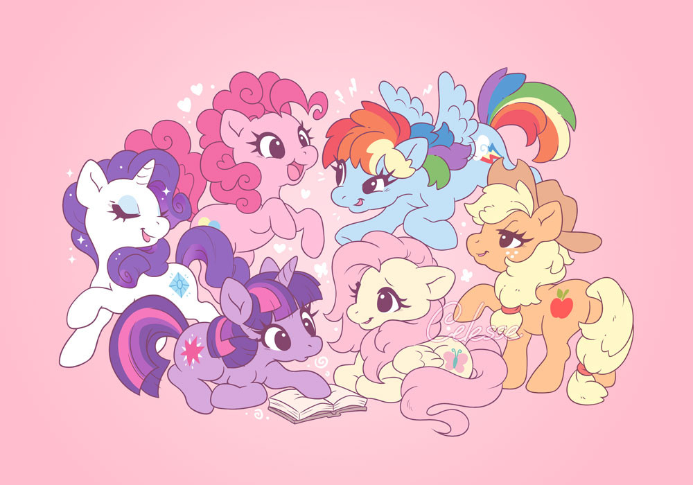 A fan art drawing of the mane six ponies from My Little Pony Friendship is Magic, gathered around together and laughing and talking with each other.