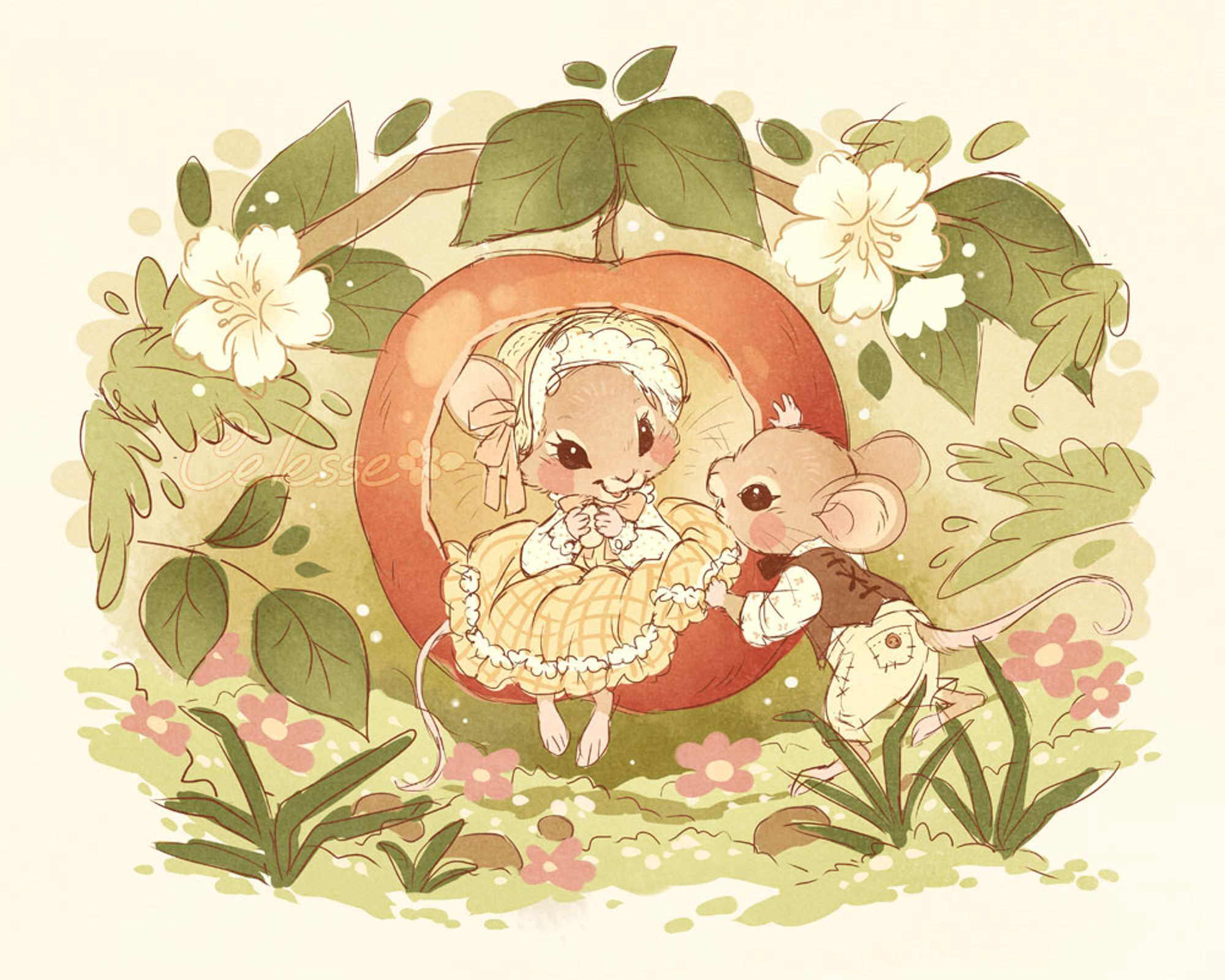 A vintage-style drawing of two mice wearing old fashioned clothes, one in a yellow gingham dress and bonnet and the other in a vest and trousers. The girl sits in a hollowed out apple while the boy peers at her from the side. The pair and the apple are framed by leaves, grass and flowers.