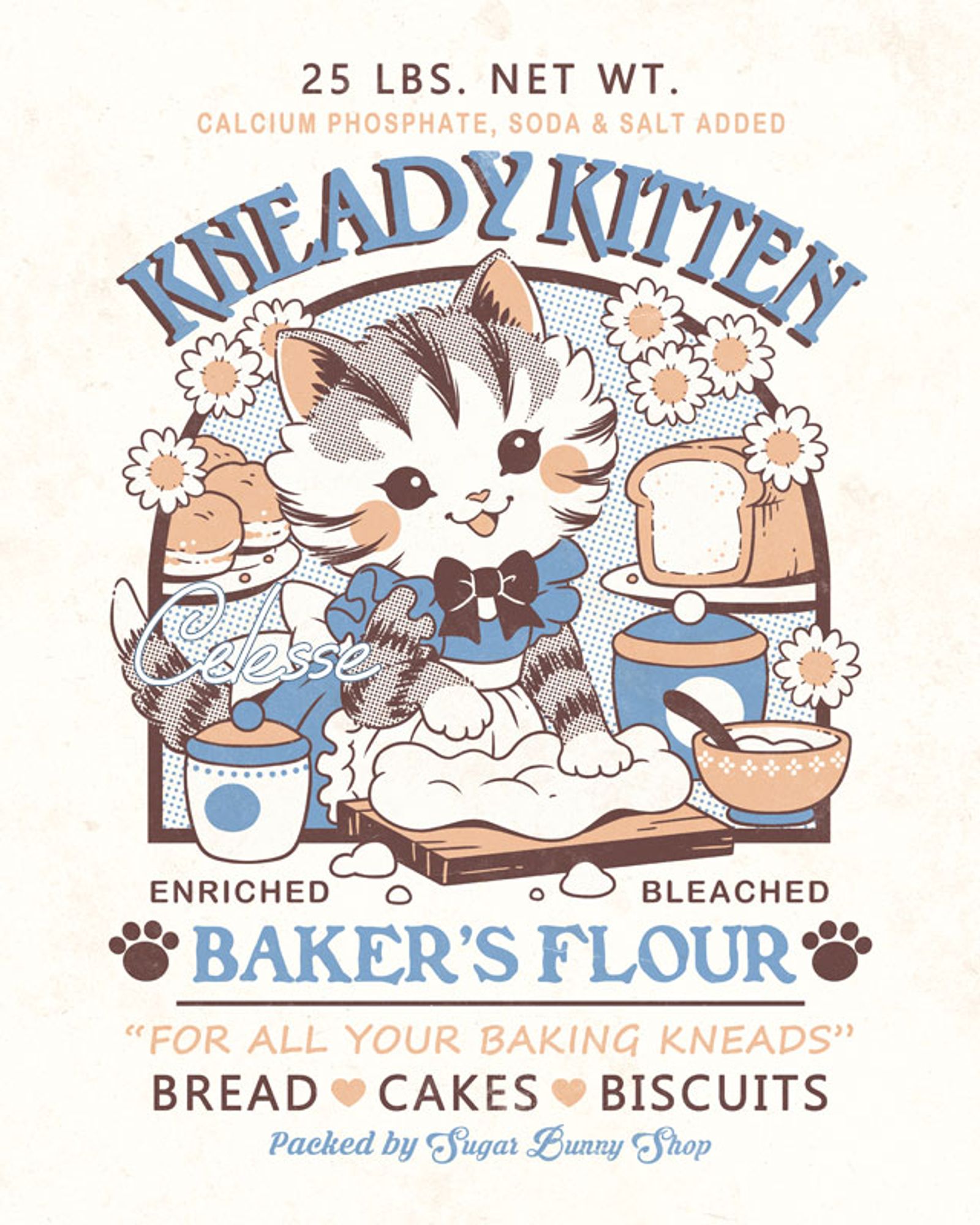 A vintage style logo for a sack of Kneady Kitten Baker's Flour. The image features a kitten in a frilly apron kneading dough with her paws. Bread, bowls, flowers and containers surround her.